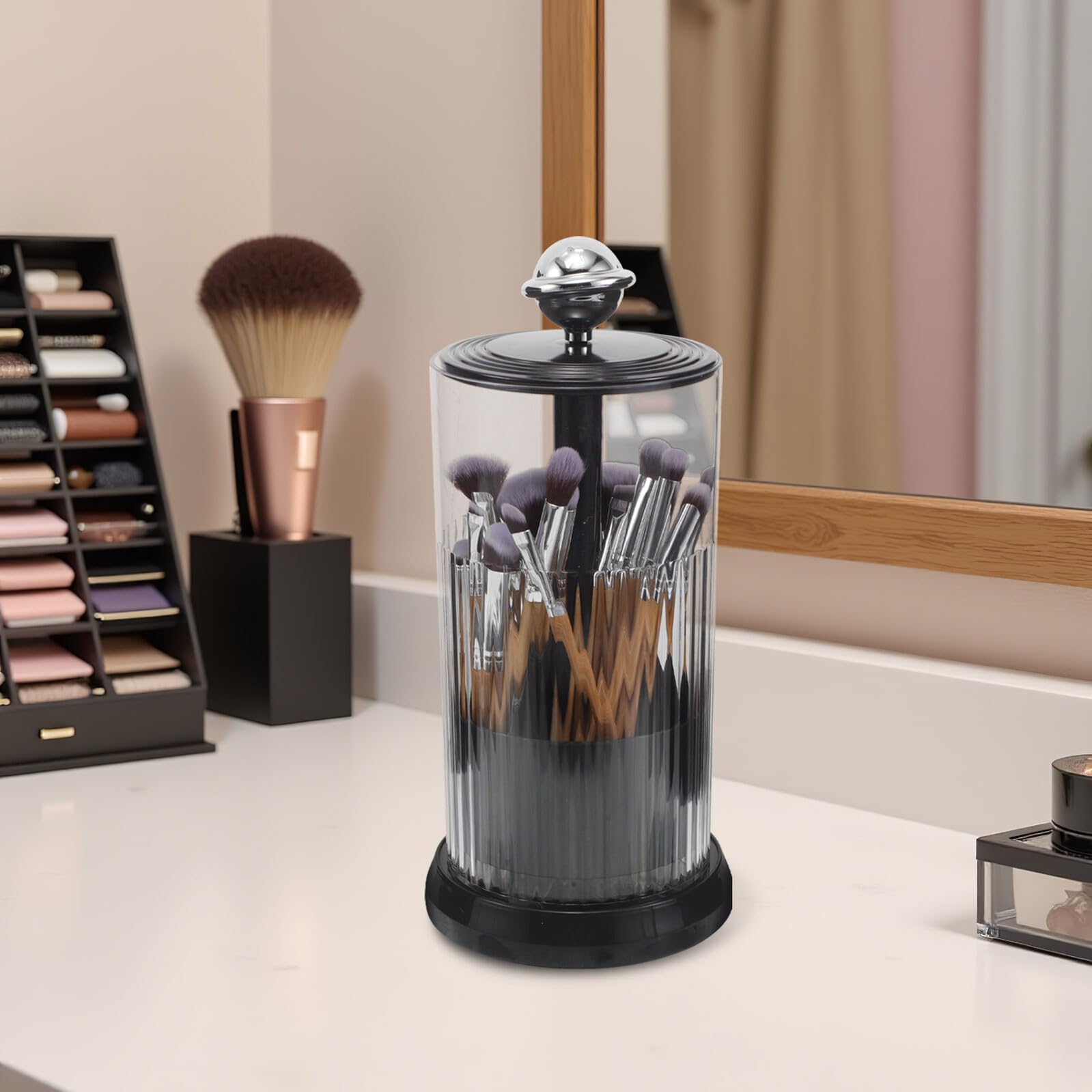 Portabrochas de Maquillaje con Elevación Automática Porta Brochas de Maquillaje Giratorio con Tapa Almacenamiento Grande para Pinceles Multifuncional Plástico Resistente Rotación
