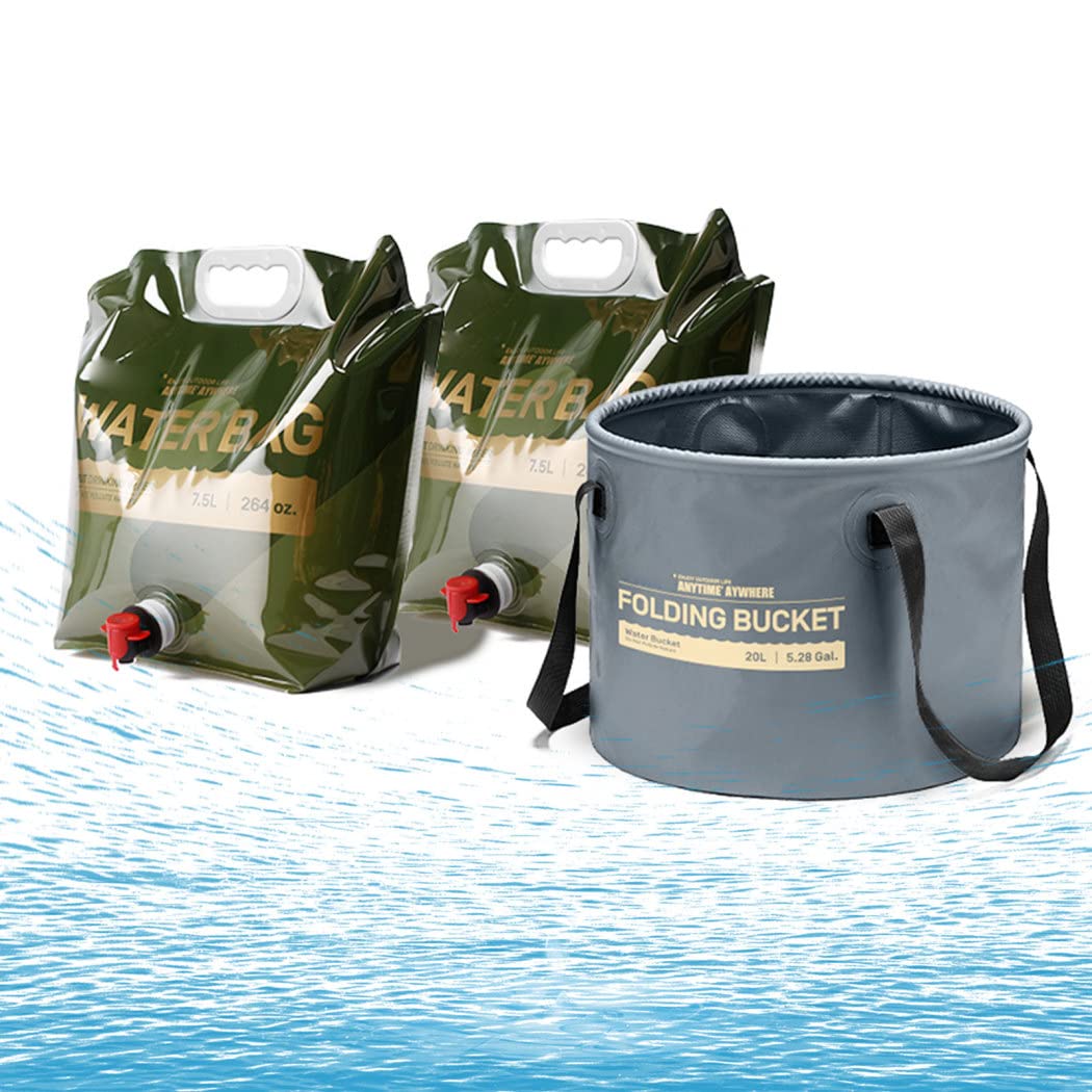2 Piezas Bidón Agua Plegable 7.5L + 1 Piezas Balde 20L, Bolsa de Contenedor de Agua de Emergencia, Bolsa de Almacenamiento de Agua Portátil Plegable para Deportes,Montañero,Fiesta