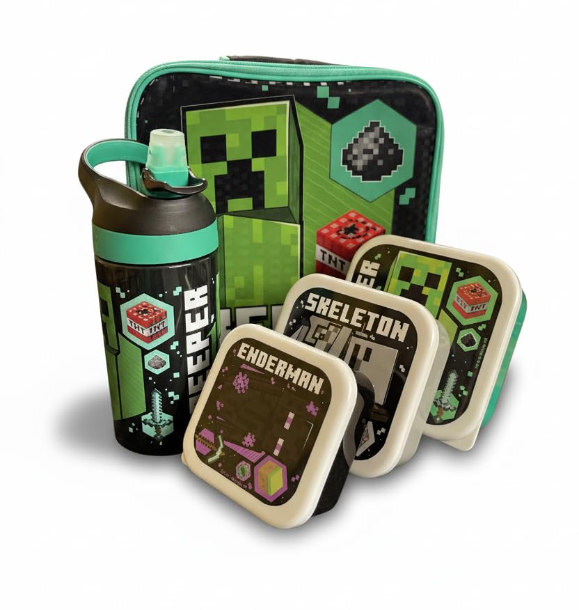 Minecraft 5 Piece Lunch Set Kids School Lunch Bag 450ml Lockable Water Bottle 3 Nesting Snack Boxes Featuring Creeper Skeleton Enderman - Gift for Minecraft Fans