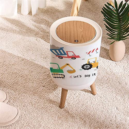 Image of Small Trash Can with Lid Cute Construction Trucks for Kids Round Recycle Bin Press Top Dog Proof Wastebasket for Nursery Playroom Bedroom Office 7L /1.8 Gallon