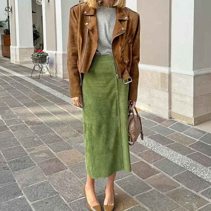 Long Skirts for Women Suede Skirts Olive Green Skirt Woman Midi Skirt Fall Aesthetic Old Money Aesthetic2