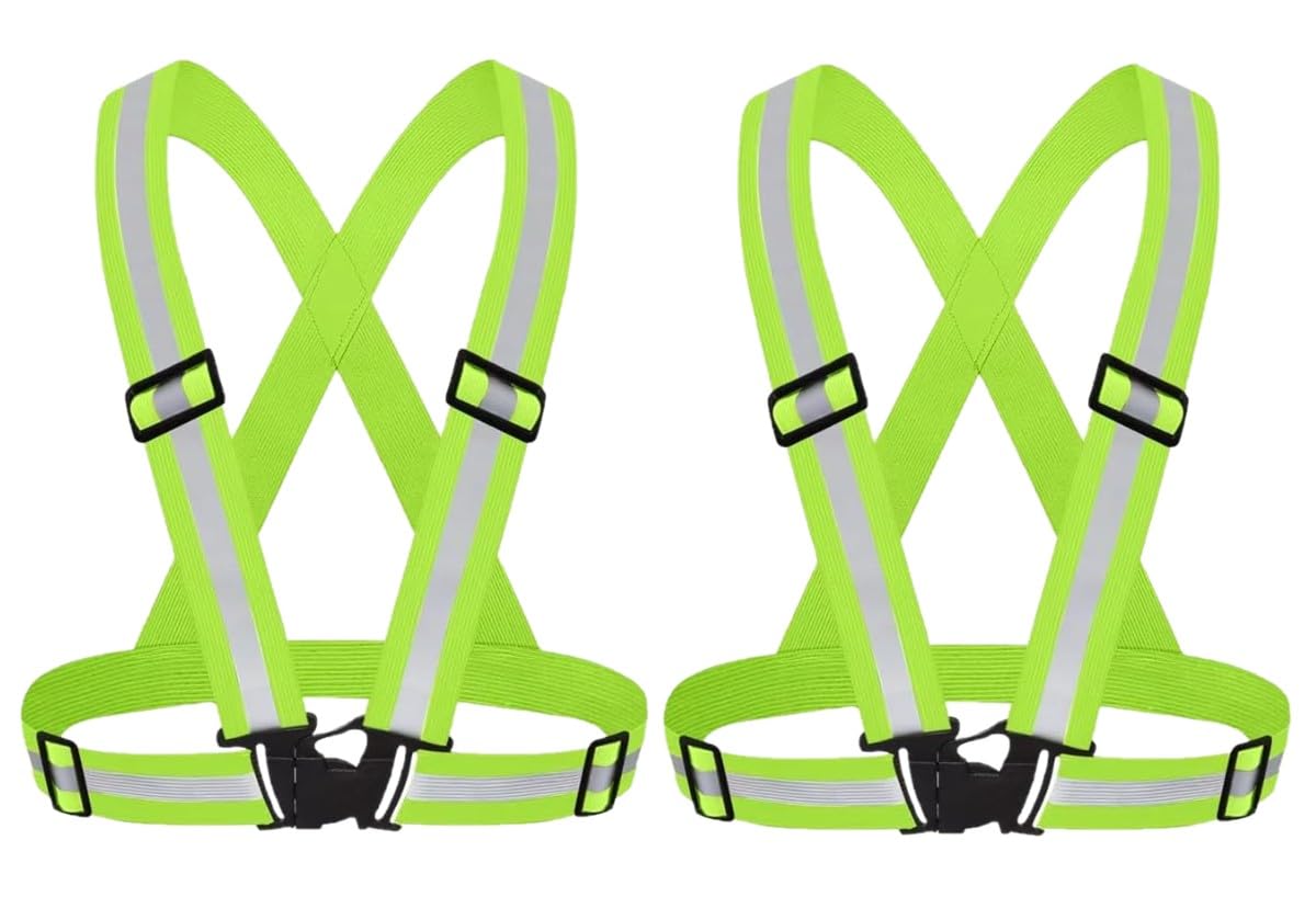 Reflective Vest, Set of 2, Night Work Clothes, Safety Vest, Vest, Fluorescent Belt, For Bicycles, Motorcycles, Traffic Security, Accident Prevention, High Elasticity, Adjustable, Lightweight O green
