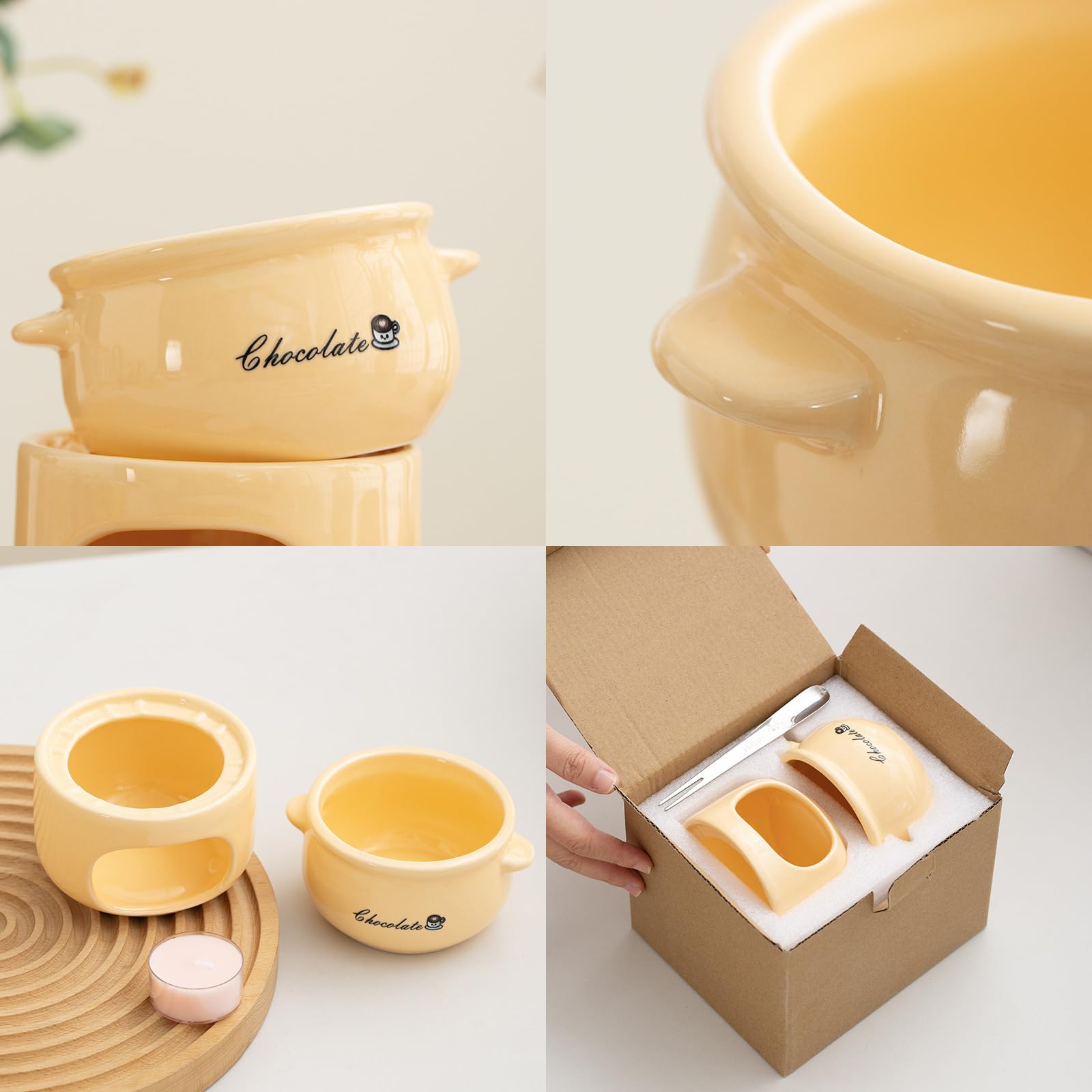 Taza de fondue de chocolate, taza de fondue, mini fondue de chocolate con 4 tenedores para fondue de porcelana, juego de fondue de chocolate adecuado para derretir chocolate y combina