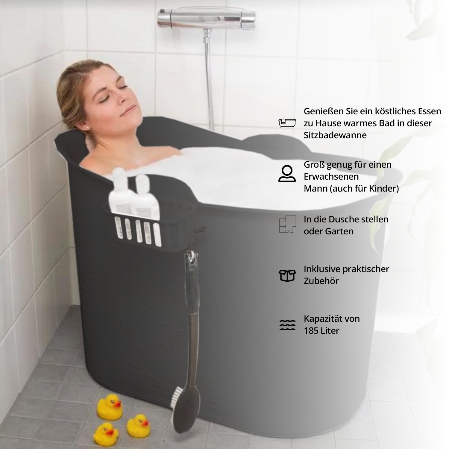 FLINQ Bath Bucket Nero - Vasca da Bagno Portatile per Adulti e Bambini - Ideale per Piccoli Bagni - Vasca in Plastica XL per Doccia