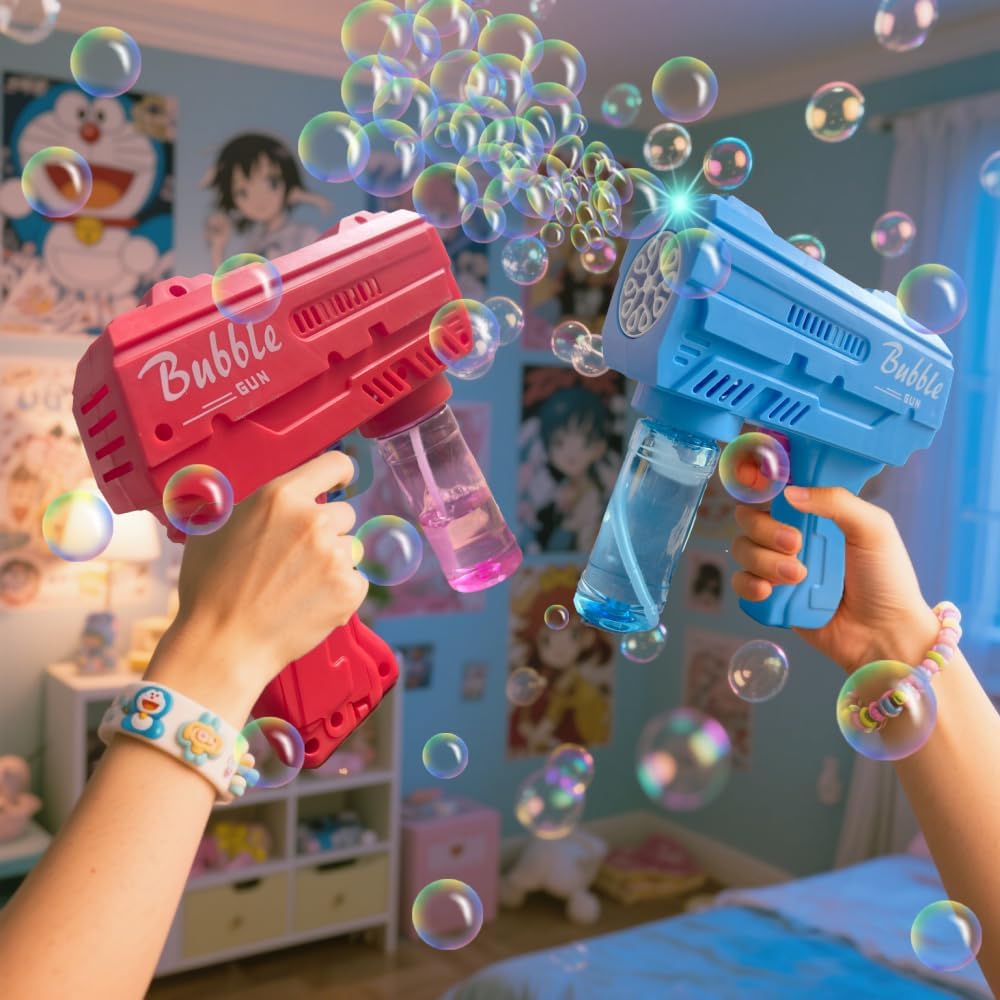 Bubble Gun for Kids 3-8, Automatic Bubble Blaster with LED Light & Refill Solution, Kids Bubble Machine Blower, Outdoor Toy for Birthday Party Wedding Easter Gift (Red)