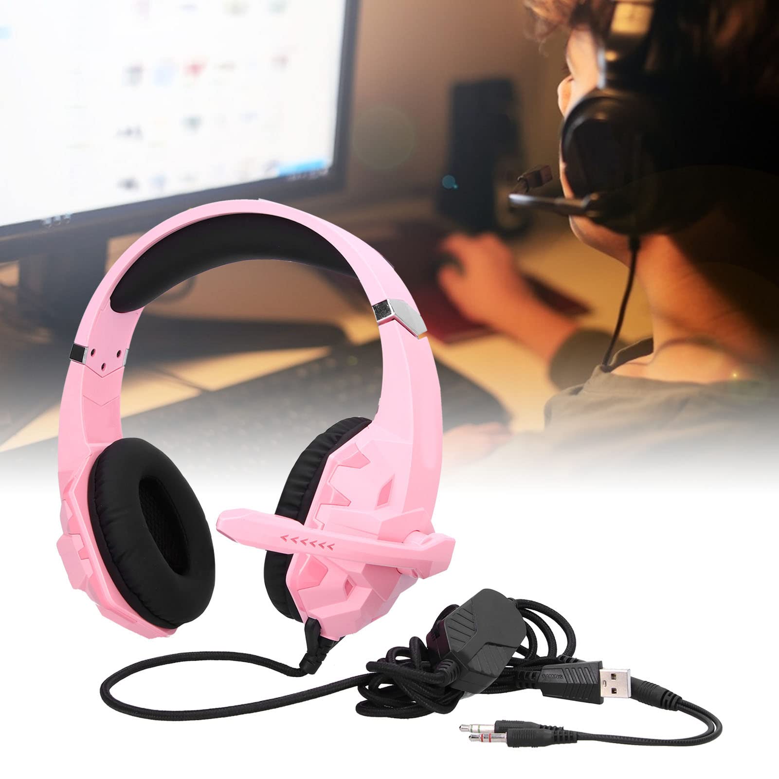 JOEBO Zestaw słuchawkowy stereo do gier z dźwiękiem przestrzennym, słuchawki nauszne z redukcją szumów z mikrofonem, światłem LED i miękkimi nausznikami, przewodowy zestaw słuchawkowy do komputera PC