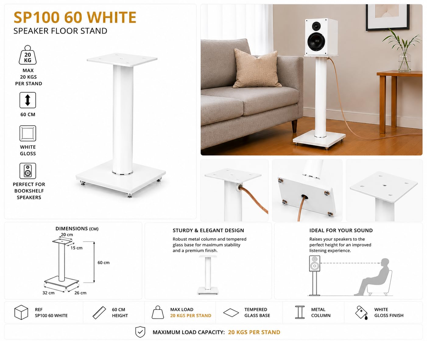 Sonorous SP100-60 Bianco – Supporti per Diffusori 60 cm (Coppia) | Piedi da Pavimento in Alluminio e Vetro | Portata fino a 20 kg per Supporto | Gestione Cavi Integrata