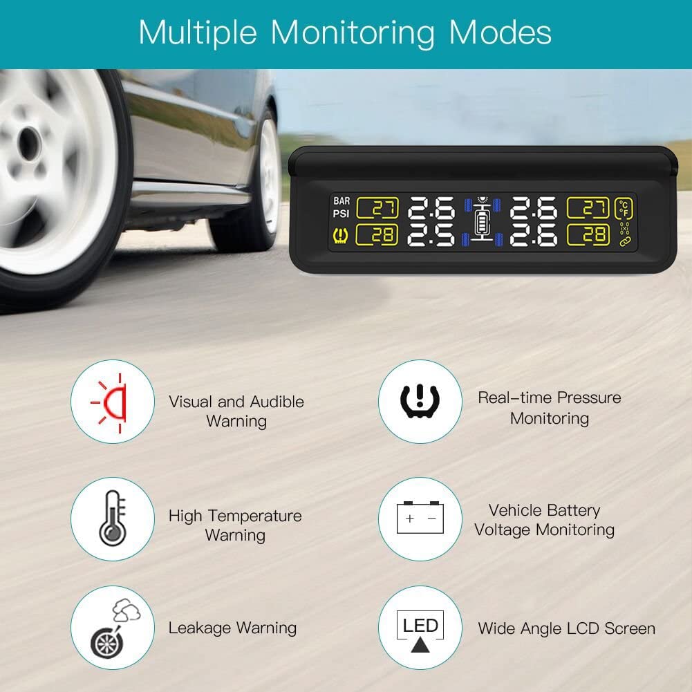TPMS Solare Sistema di Monitoraggio della Pressione (0-8BAR), Monitor Wireless TPMS con 4 Sensori di Pressione dei Pneumatici, Display in Tempo Reale, Pressione E Temperatura