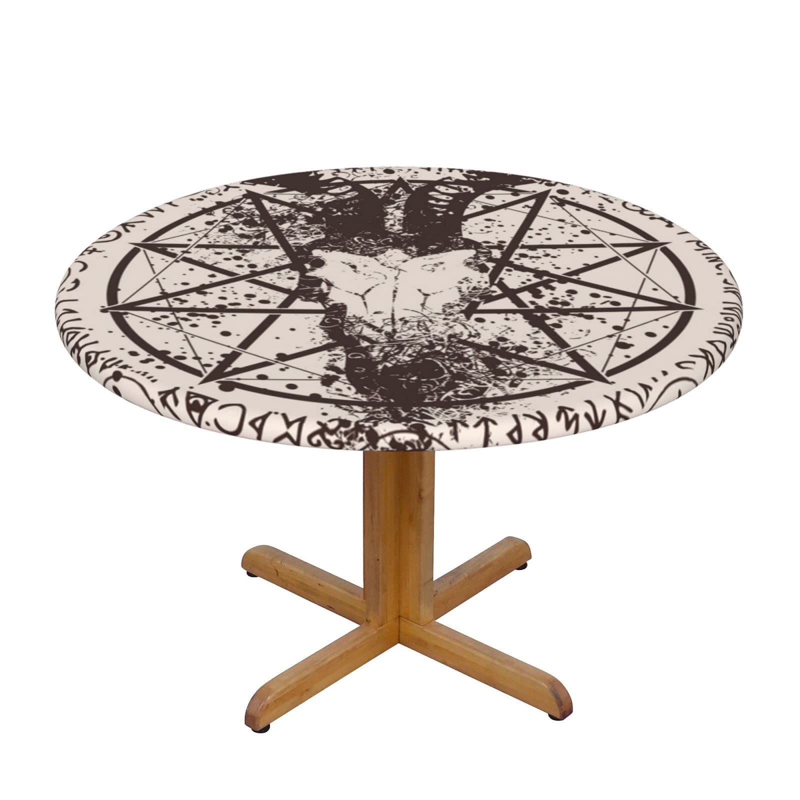 Lsjuee Round Fitted Tablecloth 40-44in Elastic Edged Table Cloth for Kitchen Dining Party Home Decor - Magic Pentagram Goat Head Satan