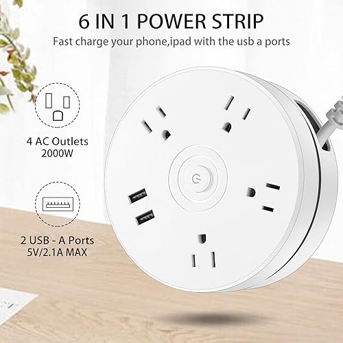 Miniatura 2 de Cable de extensión protector de sobretensiones  Barra de alimentación trenzada de enchufe plano con 4 tomas amplias y 2 puertos USB, estación de