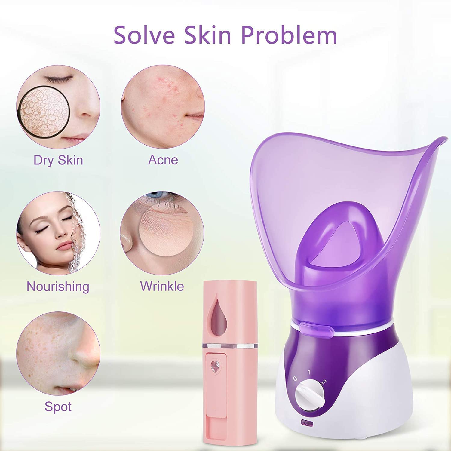 Facial Steamer Nano Ionic Face Steamer with Skincare Tool Set, Purple