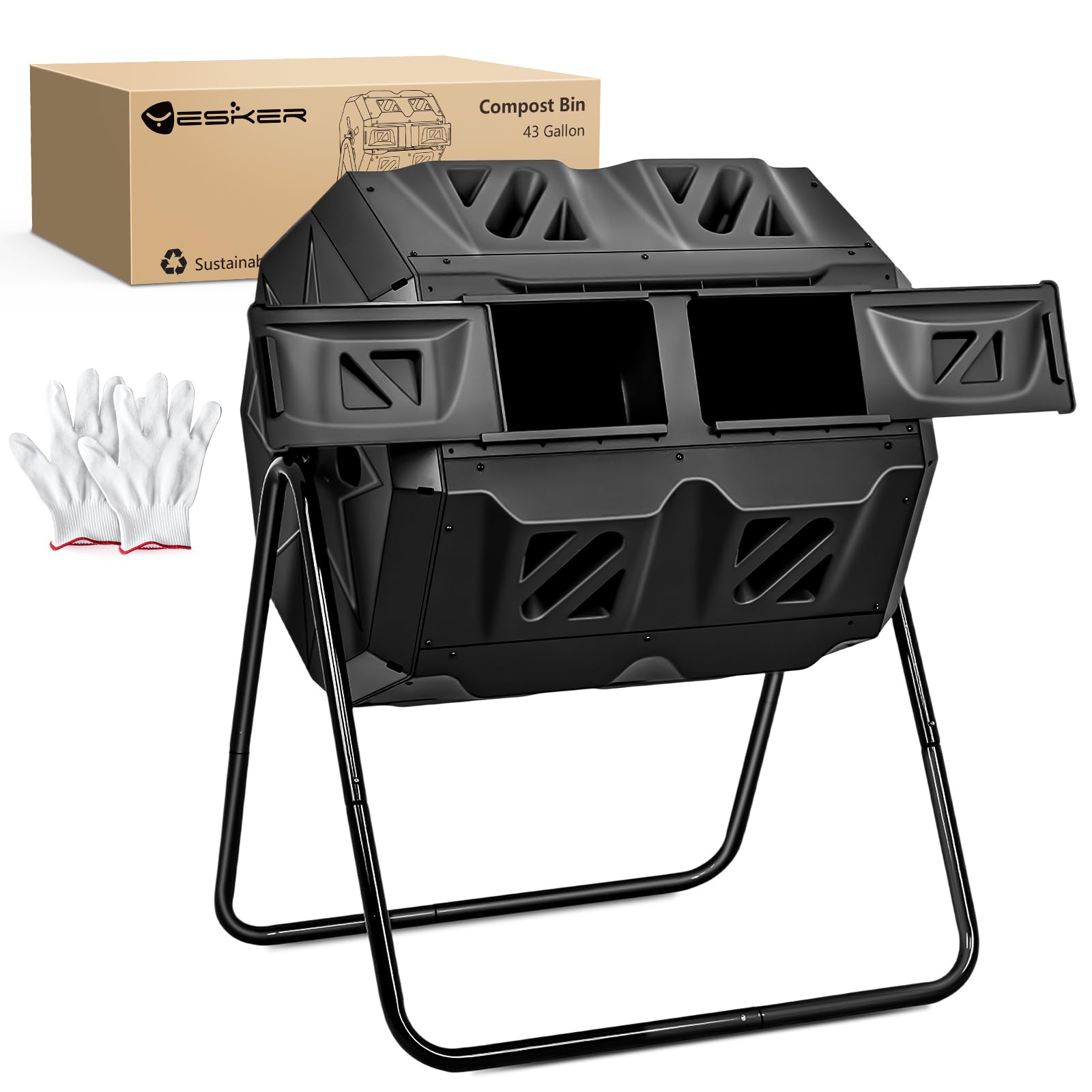 Yesker Dual Chamber Compost Bin Outdoor with Sliding Doors, 43 Gallon