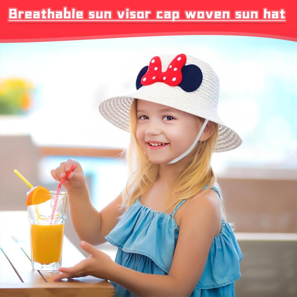 OPVXZADEnsemble Chapeau en Paille et Sac à Main pour Filles,Chapeau de Soleil Ensembleavec Design Noeud d'oreille de Rat pour 4-8 Ans Vacances Plage Voyage Randonée