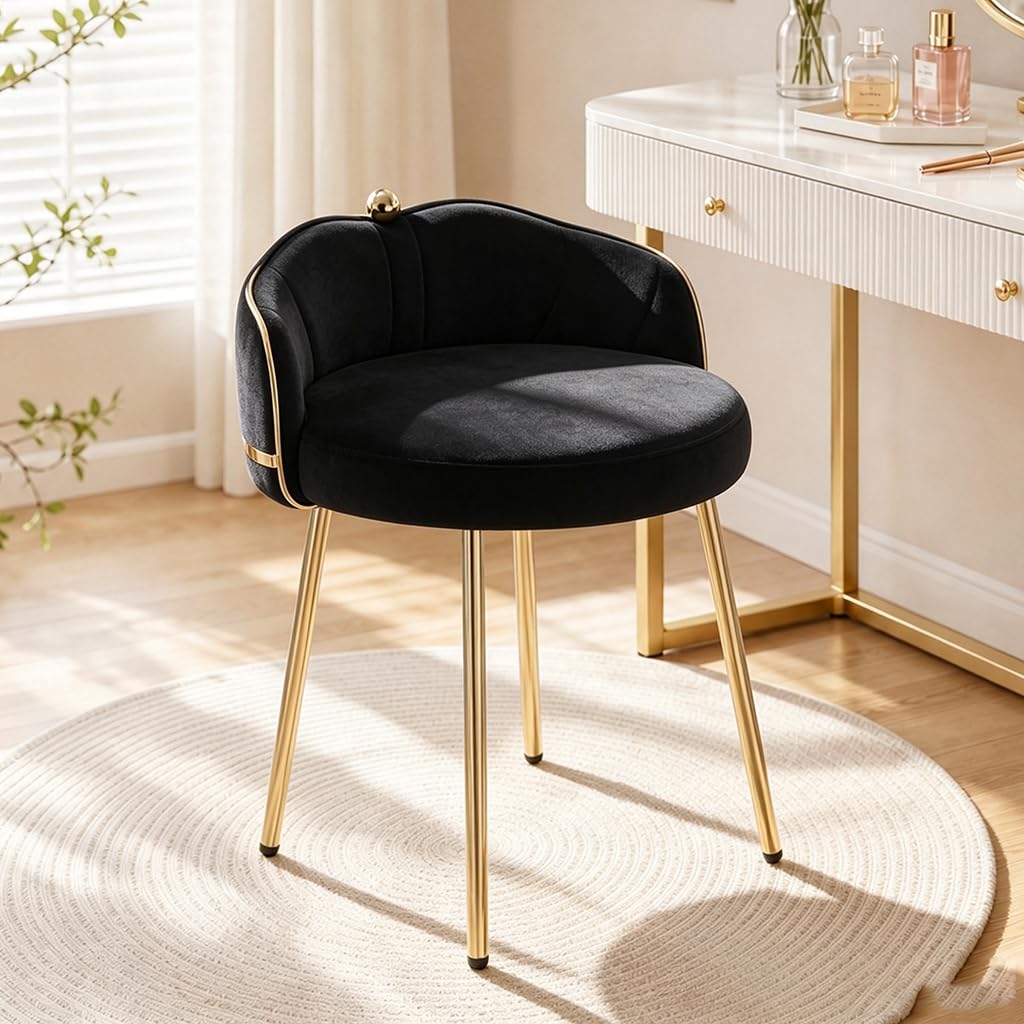 Hellove Tabouret Coiffeuse Samt avec Pieds en Métal Doré, Chaise de Maquillage Moderne Rond, Pouf Coiffeuse avec Dossier Courbé et Assise Rembourrée, Sièges de Coiffeuse pour Adulte, Noir