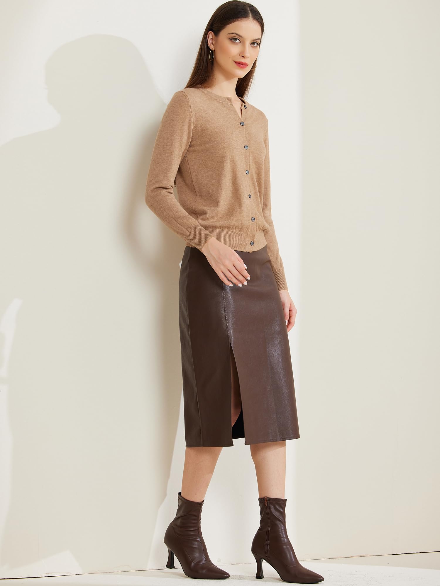 Allegra K Cardigan léger à manches longues et col rond boutonné pour femme