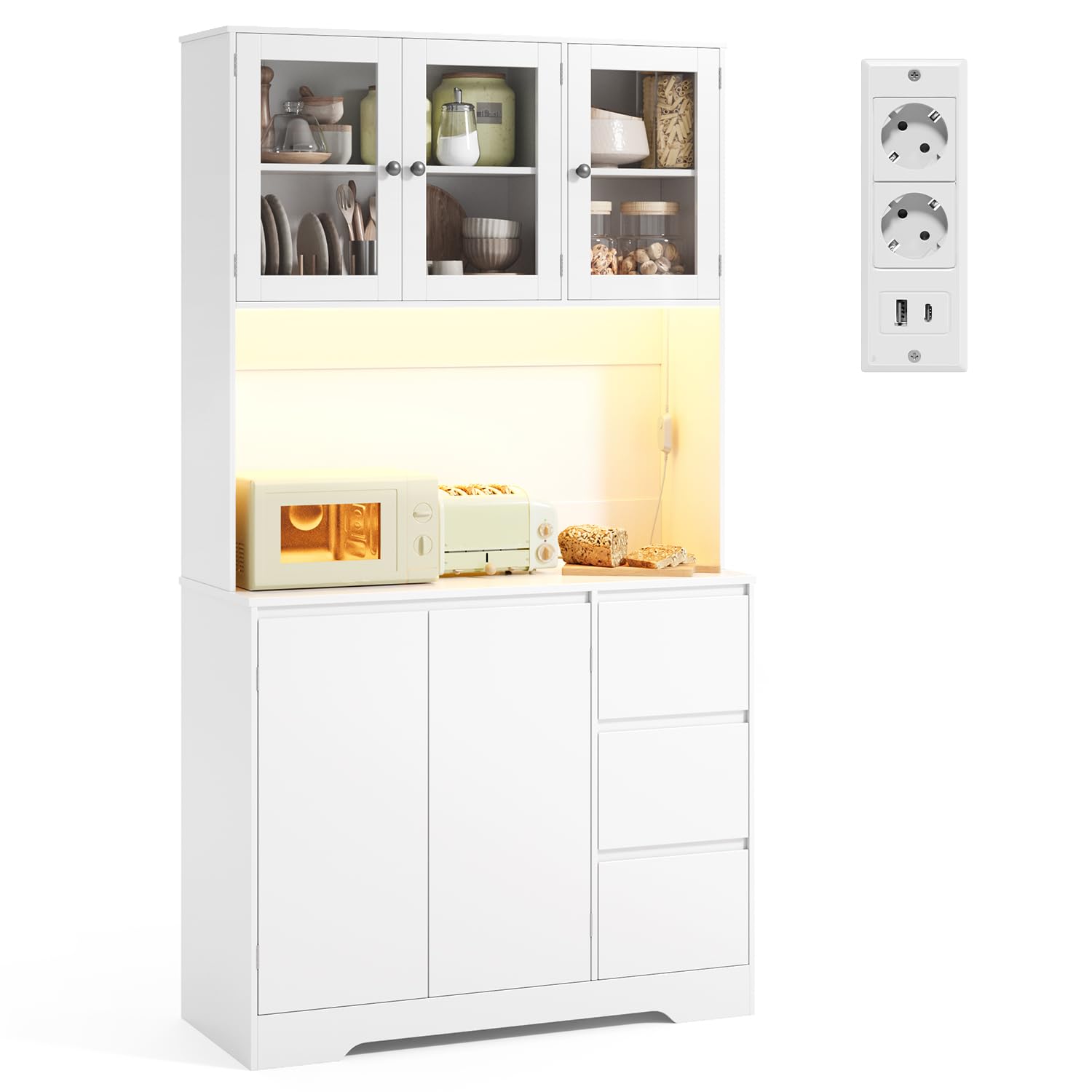 Xbro Credenza Cucina con LED e Presa Integrata, Coffee Station con Vano Microonde, Mobile Dispensa Salvaspazio con 5 Ante 3 Cassetti e Ante in Vetro, per Cucina Sala da Pranzo Soggiorno, 100x40x180 cm