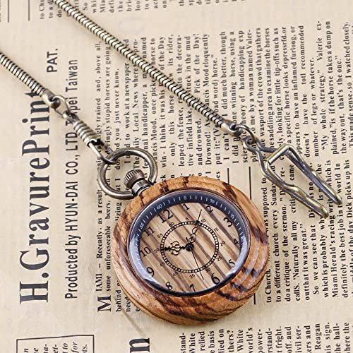 Reloj de bolsillo de madera hecho a mano en bambú natural marrón con cadena 3