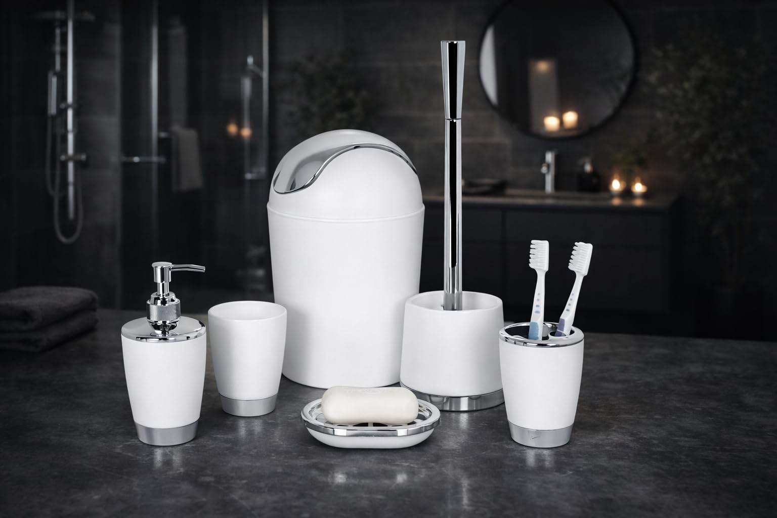 Bathlux Modern Design 6 Piece Bathroom Accessory Set, Toilet Brush, Waste Bin, Soap Dish, Tooth Brush Holder Soap Dispenser, Rinse Cup (White)