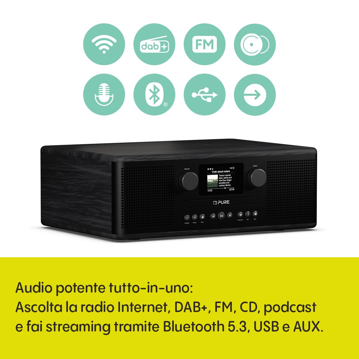 Pure Classic C-D6i Radio Internet All-in-One WiFi DAB+/FM Bluetooth 5.3 Lettore CD USB AUX Audio Stereo 2x15W Display Colori Sveglia Sleep Timer Nero
