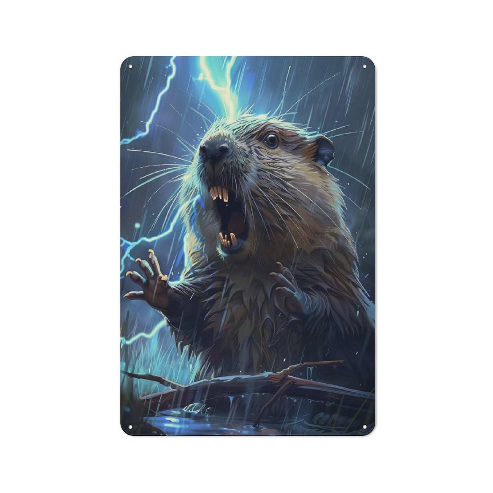 Tin Sign with Beaver Lightning Design 30x20cm, Understated Studio Wall Plaque for Hobby Room, Office, Lounge Or Living Room