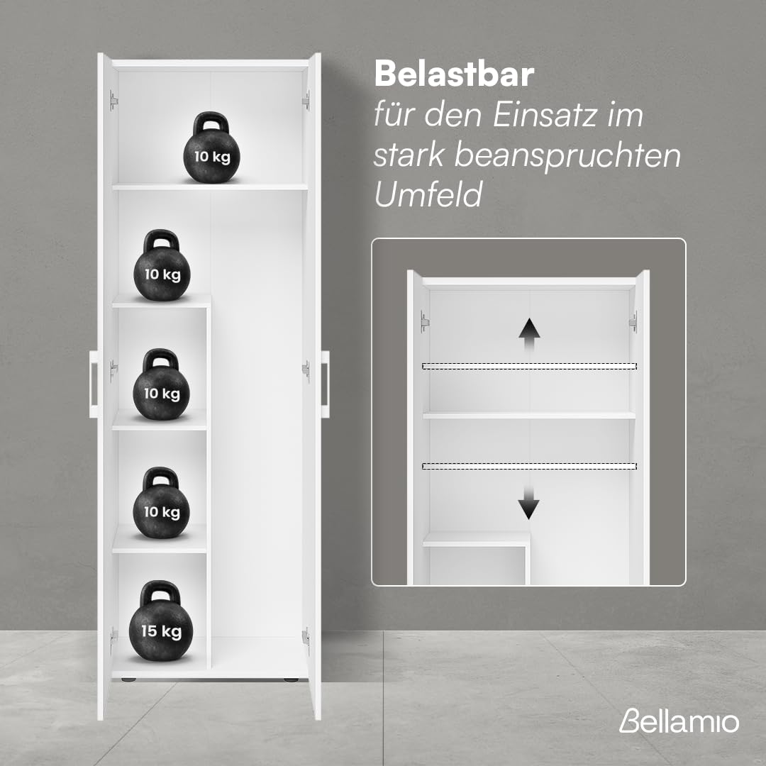 Bellamio Mehrzweckschrank Set 2-teilig – Schrank-Set mit Aktenschrank & Besenschrank in Weiß – Vorratsschrank mit Staubsaugerfach – Haushaltsschrank Holz 60 cm breit – Allzweckschrank 2 Stück