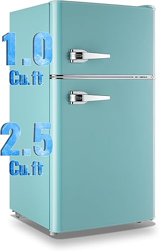 WANAI Mini refrigerador de 3.5 pies cúbicos con congelador, refrigerador pequeño retro con 2 asas, 7 ajustes de temperatura ajustable, refrigerador