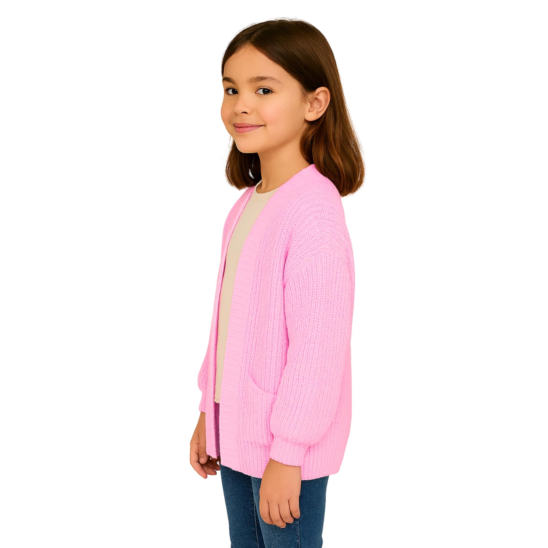 Cardigan da ragazza aperto sul davanti con maniche a palloncino, cardigan oversize lavorato a maglia grossa con tasche, caldo cardigan invernale autunnale, ragazze età 7-13 anni