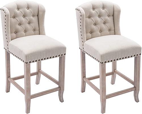 Miniatura 1 de HEAH-YO Juego de 2 taburetes de bar modernos de 26 pulgadas de altura de mostrador con respaldo y patas de madera, cómodos taburetes de cocina de