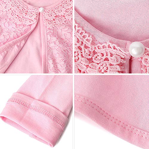 Image of Girls Long Sleeve Bolero Cardigan Shrug Beaded Lace Cotton Flower Jacket Shrug Short Cardigan Dress Cover Up (Pink, 4 /5)