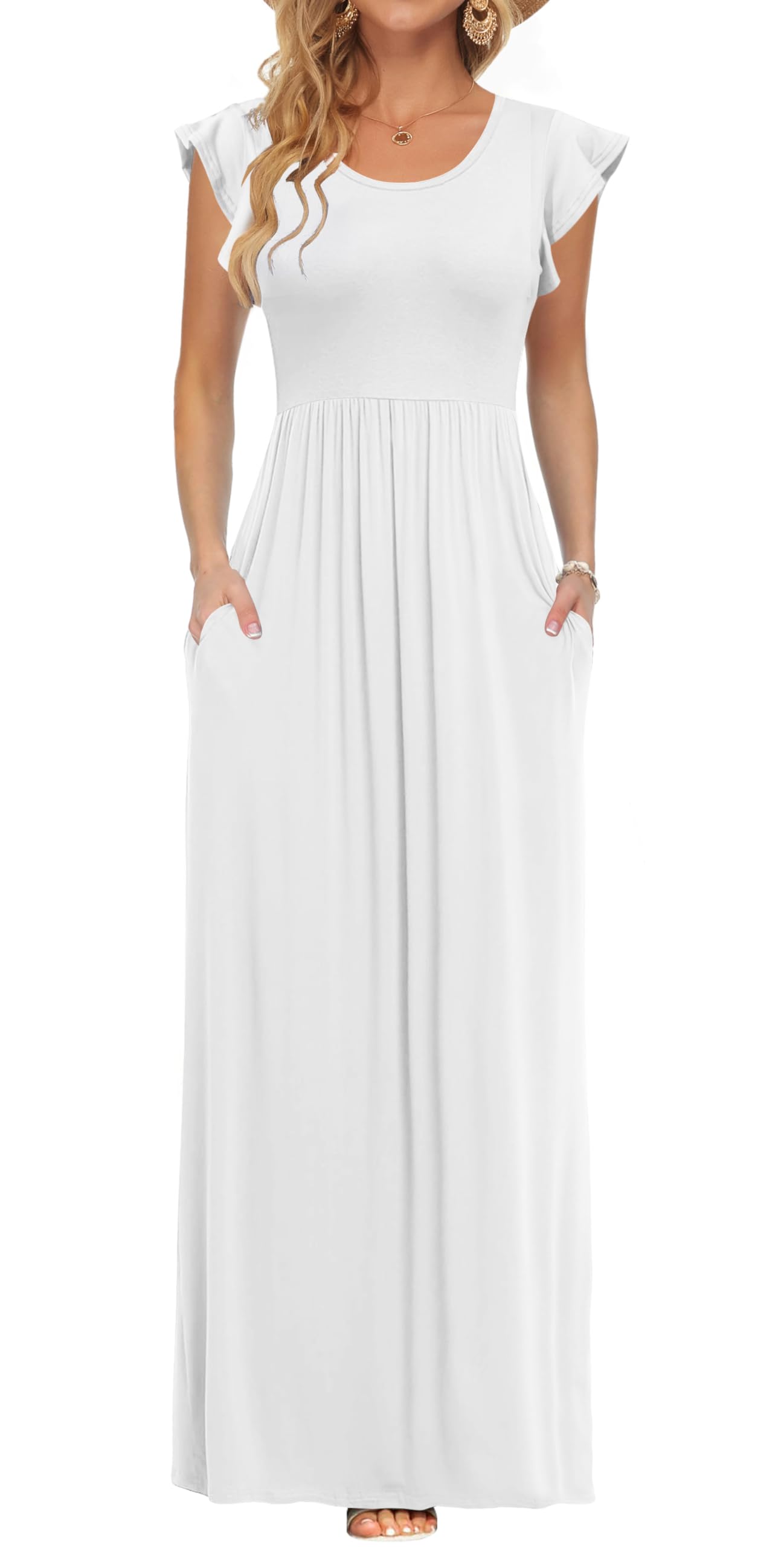 AUSELILY Vestido Largo para Mujeres Vestido de Manga Corta con Pétalos en Volantes Vestido Elástico Casual con Bolsillo Vestido Elástico