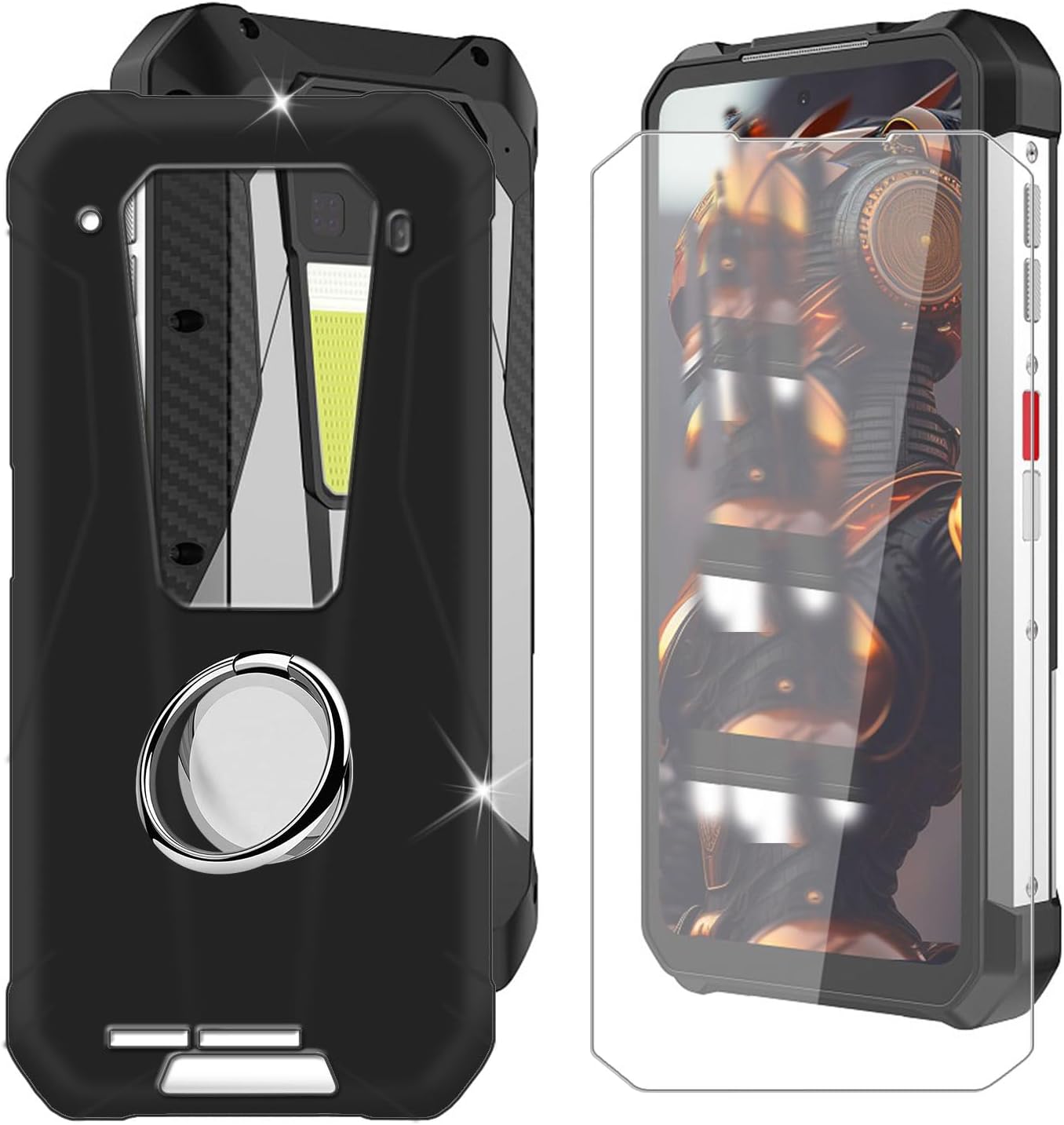for Unihertz 8849 Tank 3 Pro (6.79") Phone Case + Screen Protector, Silicone Case with 360° Rotatable Finger Ring Holder - Black
