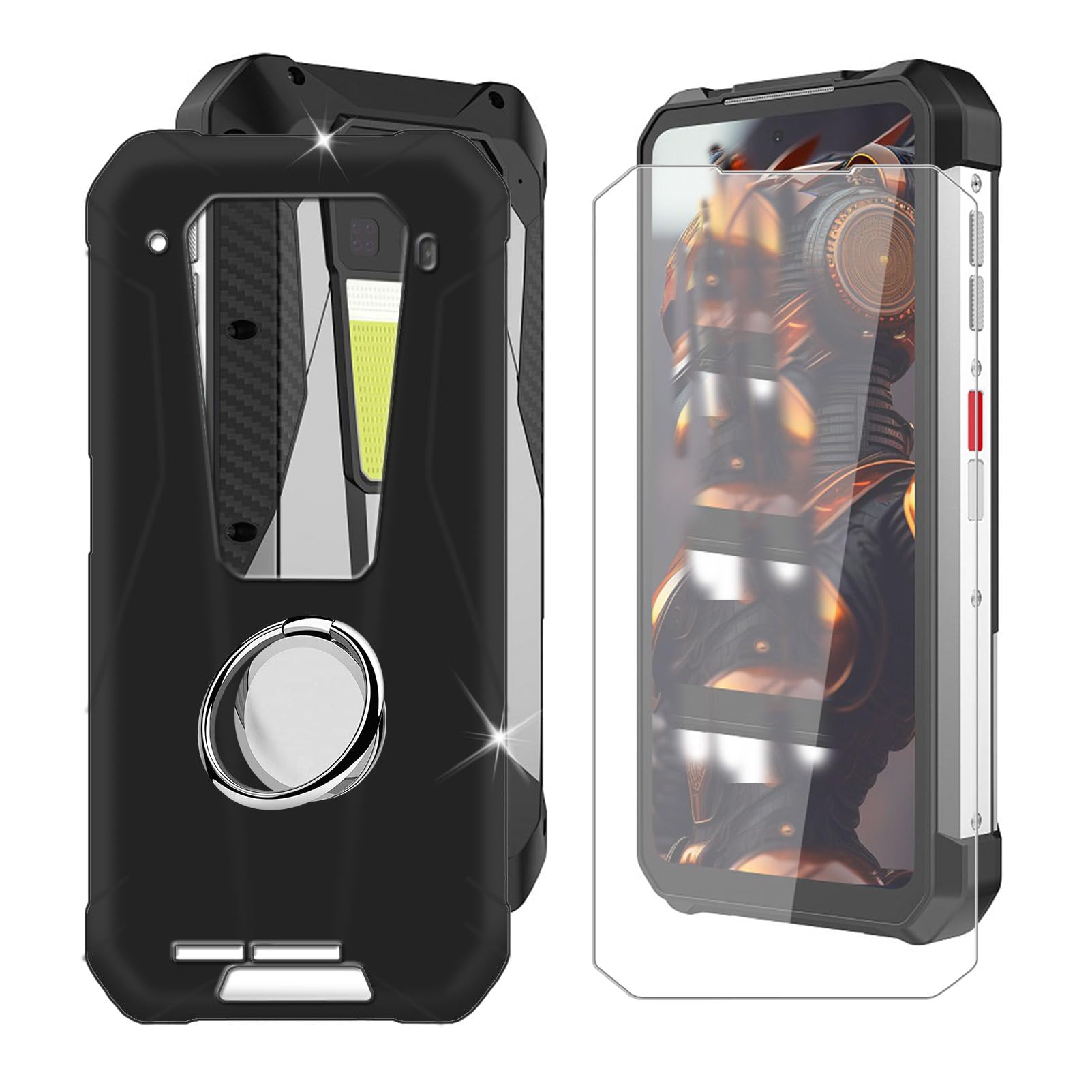 for Unihertz 8849 Tank 3 Pro (6.79") Phone Case + Screen Protector, Silicone Case with 360° Rotatable Finger Ring Holder - Black