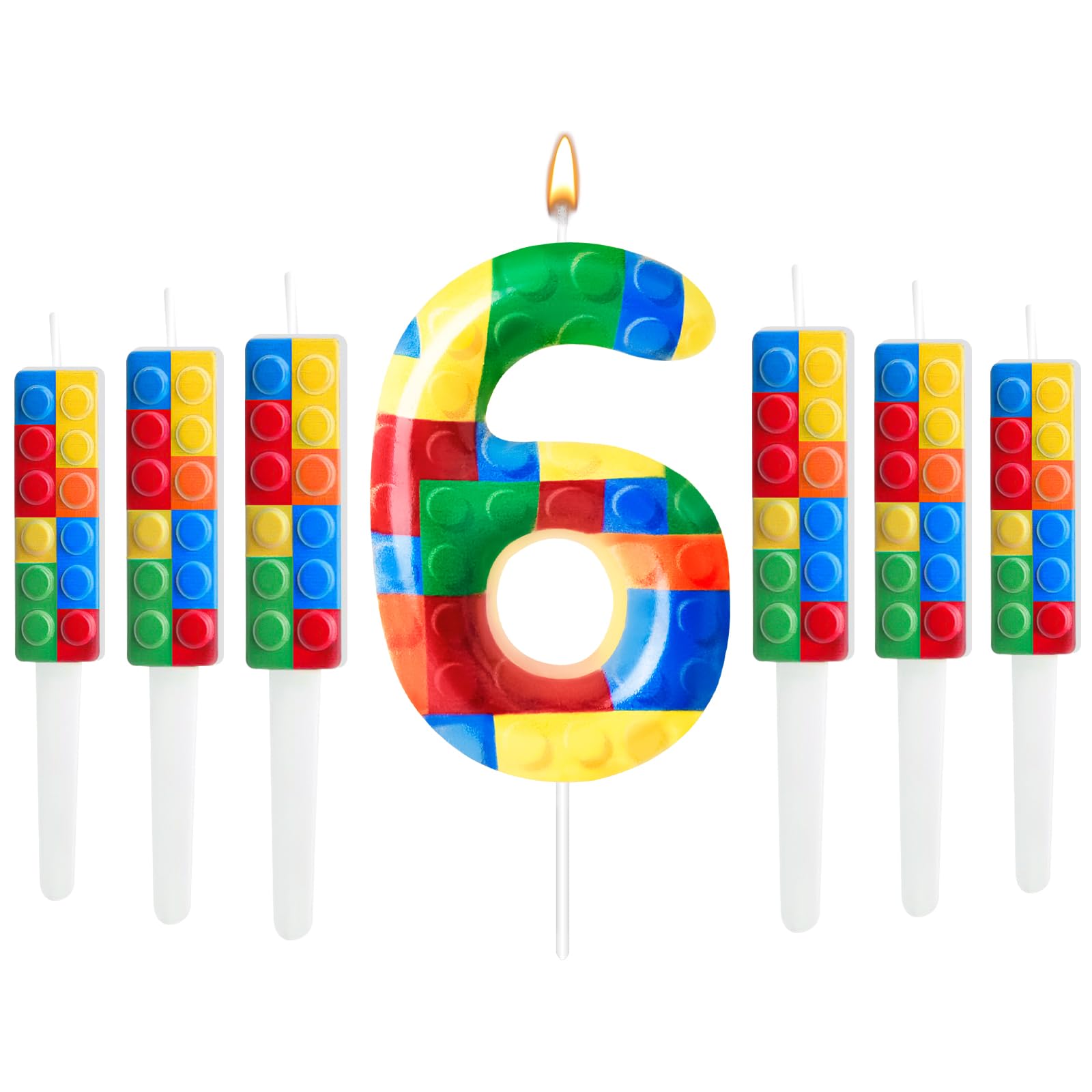 7 Pcs Building Block Themed Birthday Candles Set Building Blocks Number 6 Candle Cake Topper for Building Block Party Decoration Supplies (Number 6)