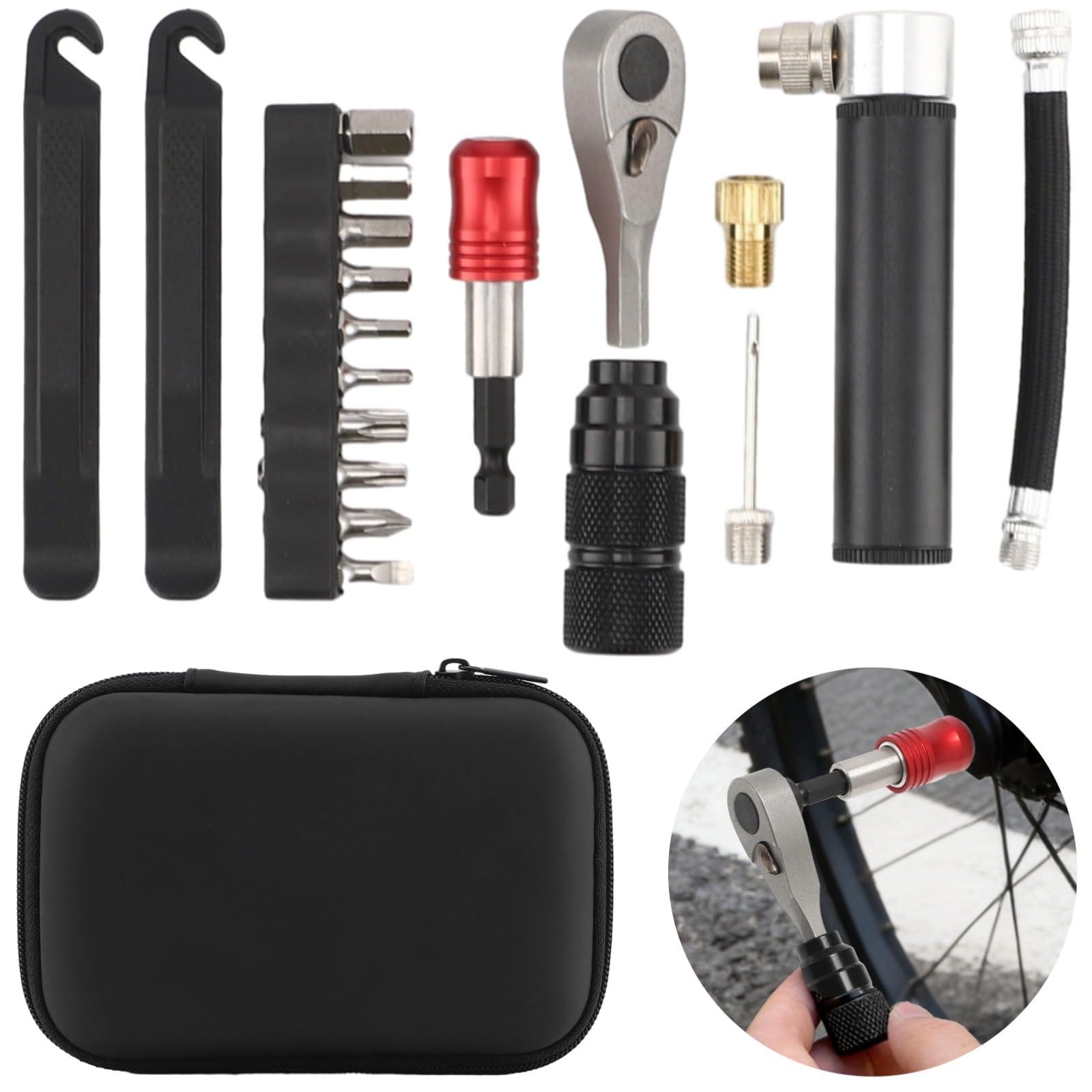 11-teiliges Fahrradreparaturset, Multifunktions-Werkzeugset mit Mini-Pumpe, Ratschen-Schlüssel, 10 Bits und stabilen Reifenhebern, Tasche für Pannen unterwegs und Reparaturen zu Hause