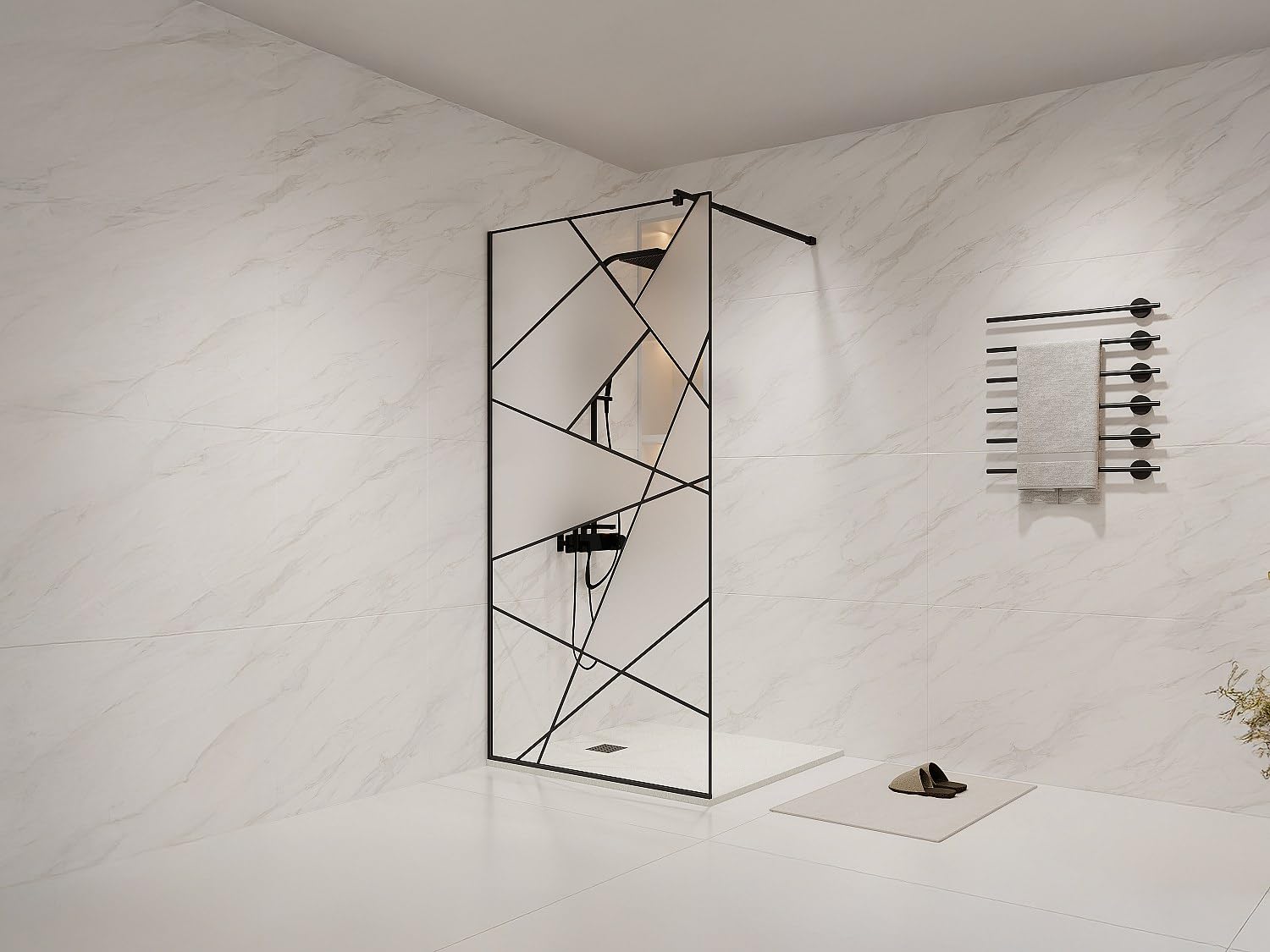 Vente-unique - Paroi de douche à l'italienne sérigraphiée - Noir mat - 100 x 200 cm - TRISEO