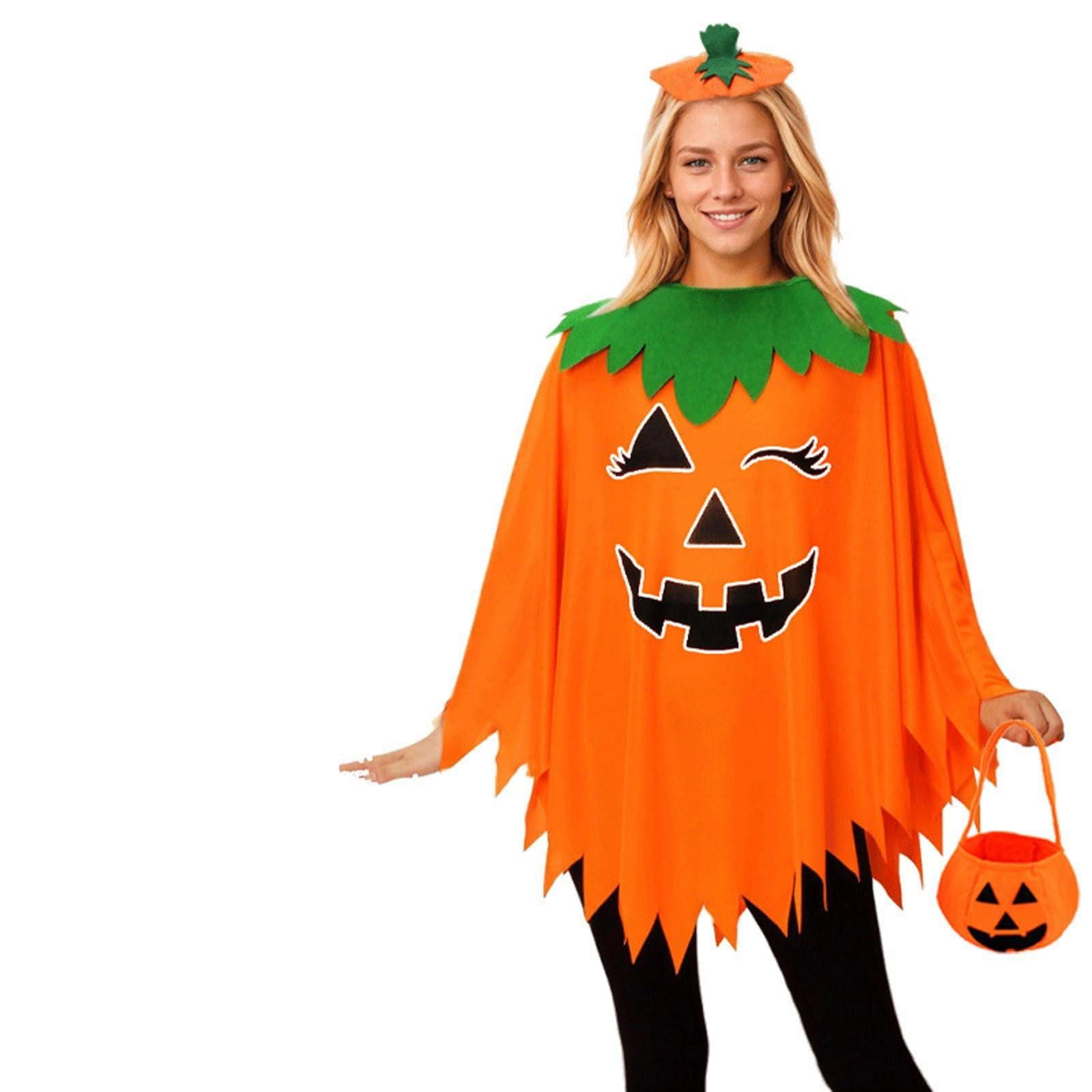 EDLMKM 3 Pcs Halloween Pumpkin Costume Accessories for Adult Glow In The Dark Halloween Pumpkin Poncho Costume With Headdress Candy Bag For Adults Festival Cosplay Outfit Photo Props