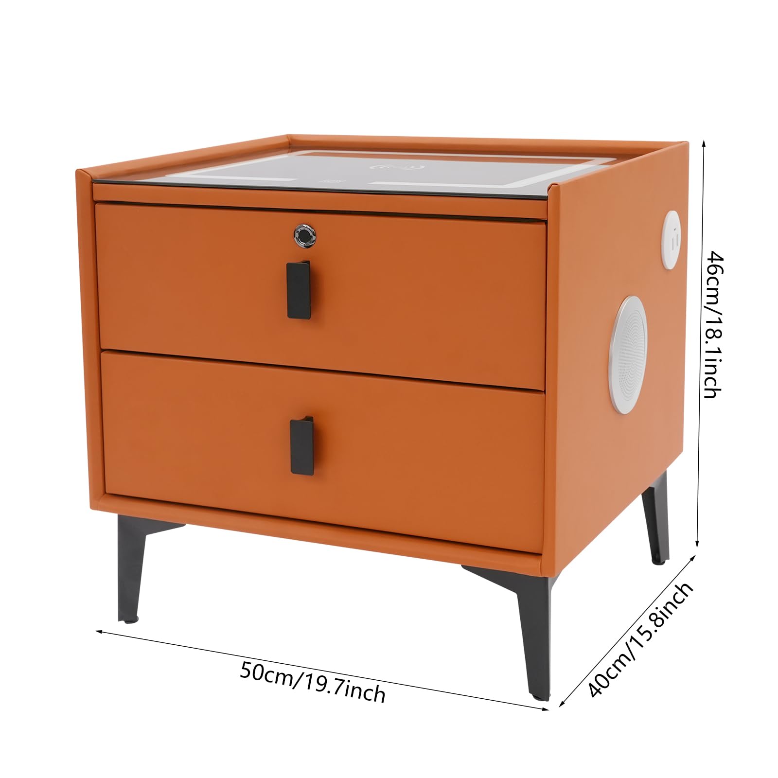 Kompakter Smart Nachttisch 50x40x46cm, Elektrischer Nachttisch USB Ladestation, Fingerprint Schloss, Bluetooth Box, 2 Schubladen und 3 farbige LED-Beleuchtung (Orange)