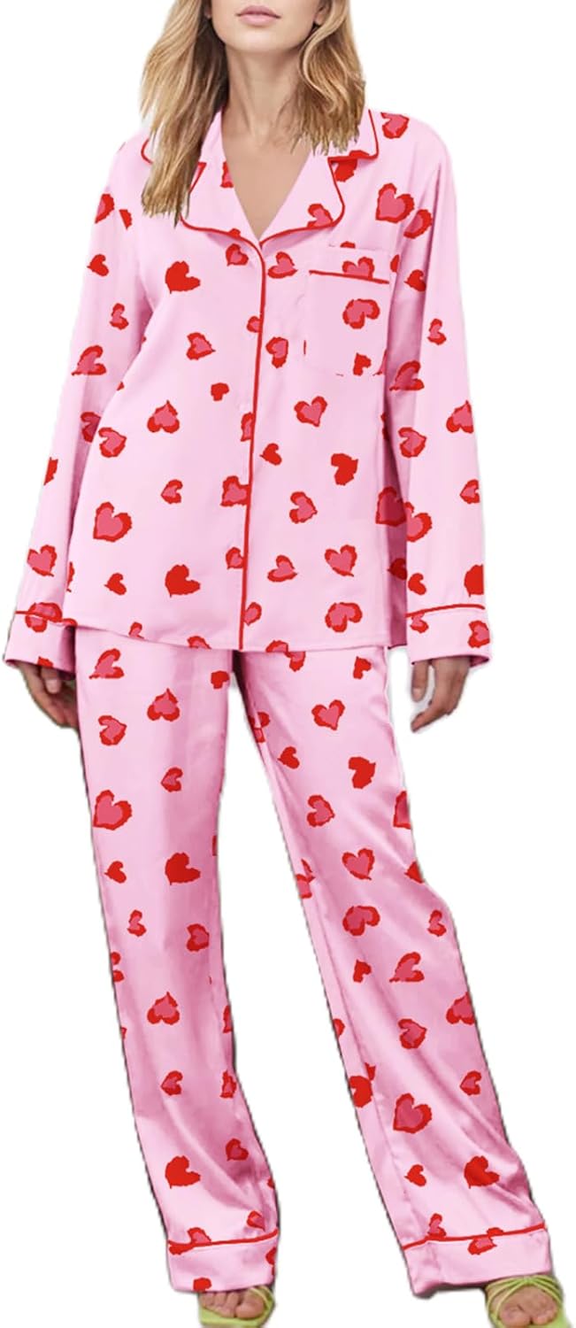 Argeousgor Women Cute Heart Silk Satin Pajamas Set Button Down Shirt Pants Cute Heart Print Pjs Lounge Set Sleepwear