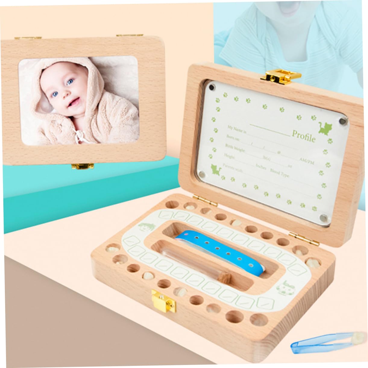 BESTonZON Caja De Almacenamiento De Dientes De Leche De Madera Para Niño Niña Organizador Portátil De Recuerdos Para Dientes y Cabello Infantil Significativo Para Bautizos y Cumpleaños