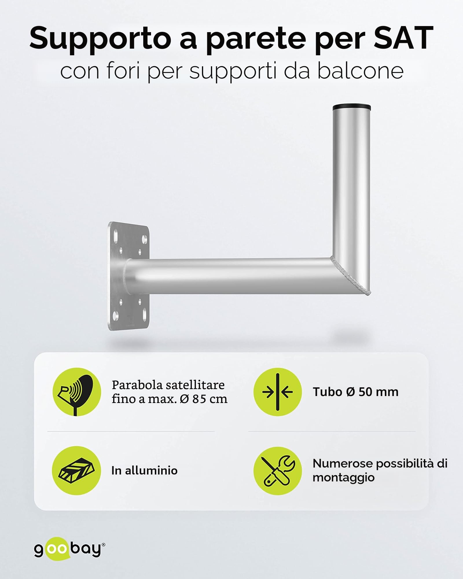 goobay 60503 Sat - Supporto da parete con foro per balcone/supporto per parabola satellitare fino a max. 85 cm, supporto per asta angolare, supporto da parete, supporto per antenna con distanza dalla