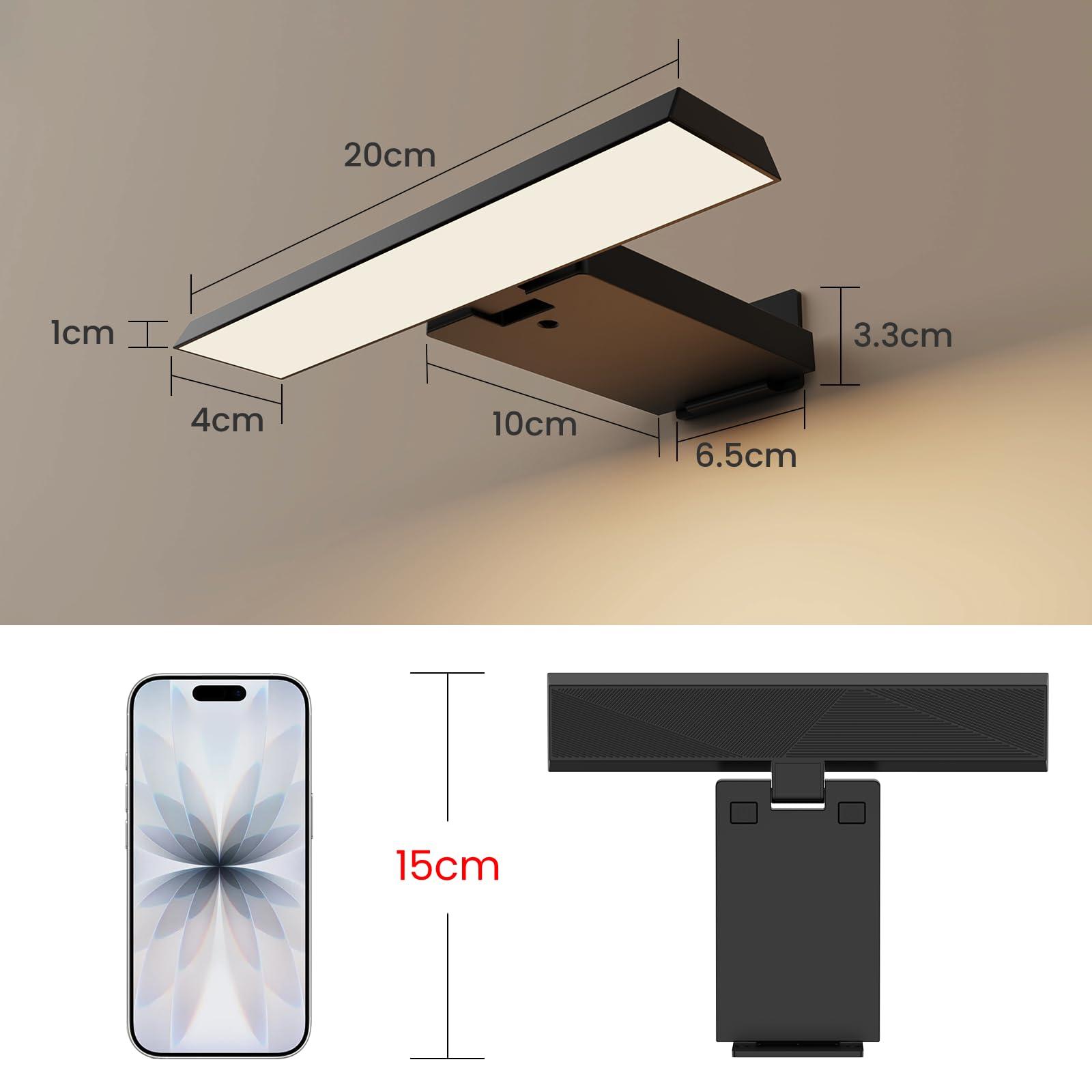 Feallive Bildbeleuchtung Kabellos, Dart Licht 1 Stück mit Fernbedienung 6000mah Akku Wandleuchte Innen 3 Farbtemperaturen Dimmbar Bilderleuchte mit Timer für Foto Bild Schwarz