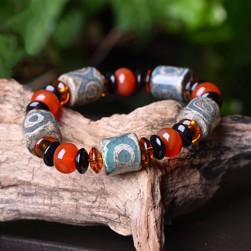 Pulsera Pulsera de cuentas Dzi de estilo tibetano, pulsera de Feng Shui, pulsera de cuentas de ágata natural, pulsera de amuleto, atraer riqueza, dinero y buena suerte, brazalete de pareja, regalo de