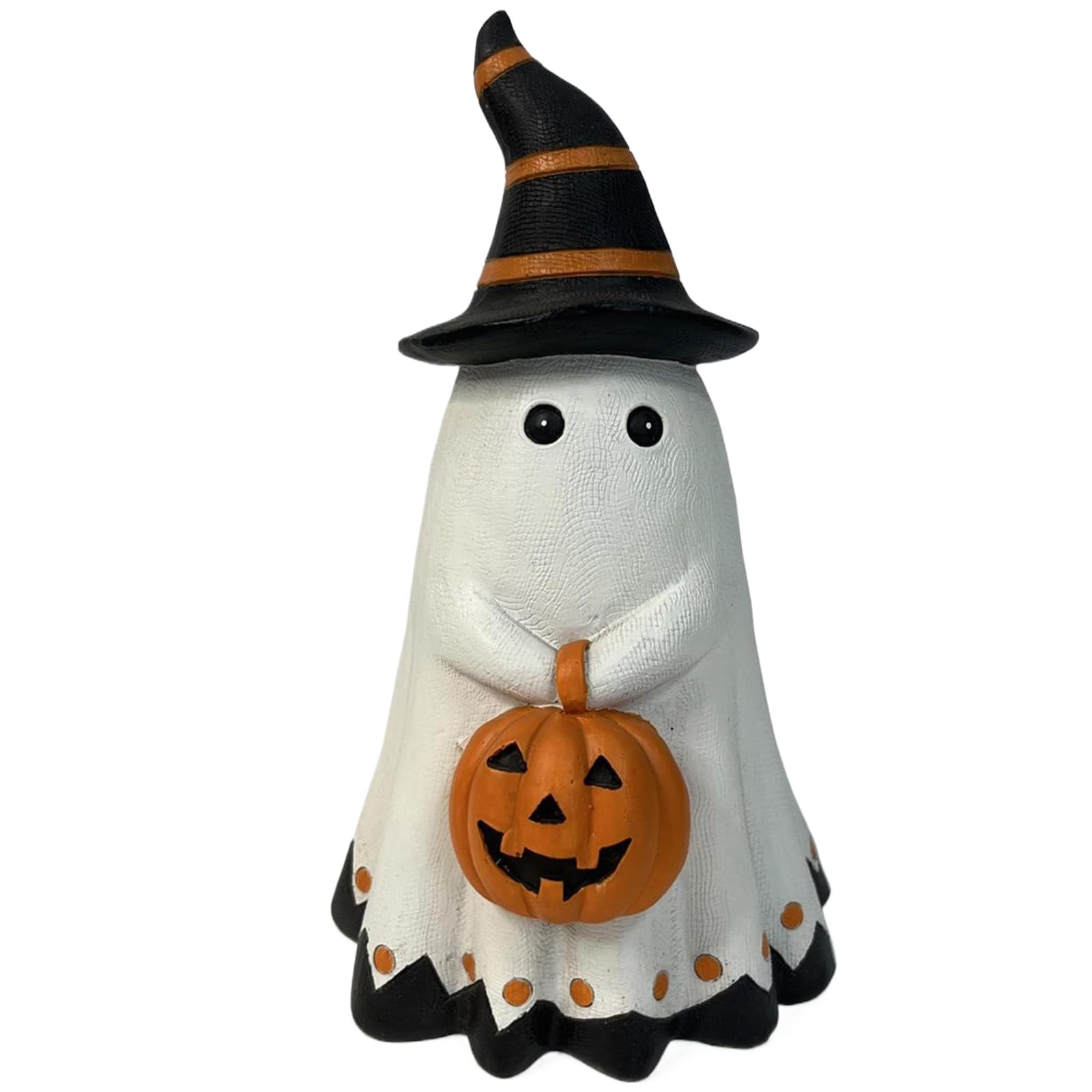 Monwssoe Halloween Decor, Ghost Decor, Cute Standing Halloween Ghost Statue with Pointed & Holding Pumpkin, Cartoon Spooky Resin Ornament for Home Indoor Shelf Table
