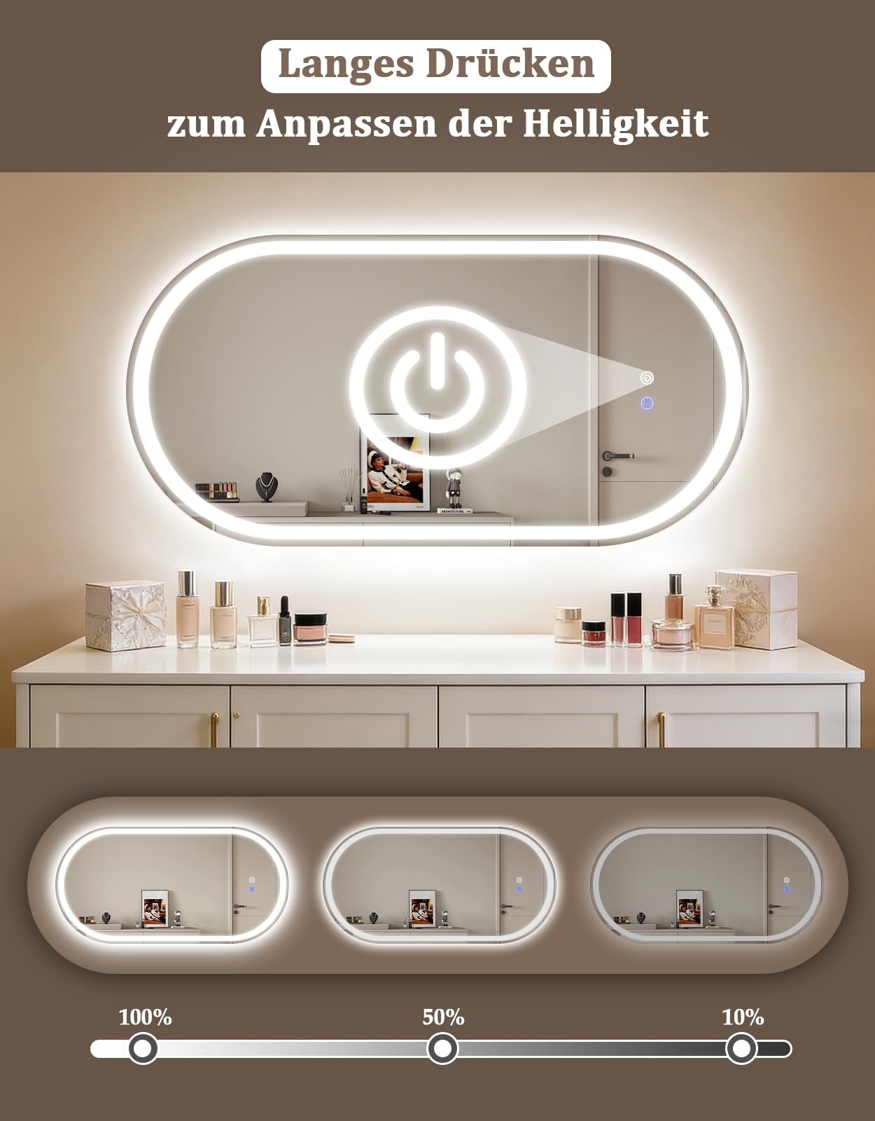 Espejo de baño ovalado con iluminación, espejo de baño LED, 60 x 120 cm, espejo de pared para cuarto de baño con interruptor táctil, función de desenfoque, IP44, regulable, 3000 K-6500 K