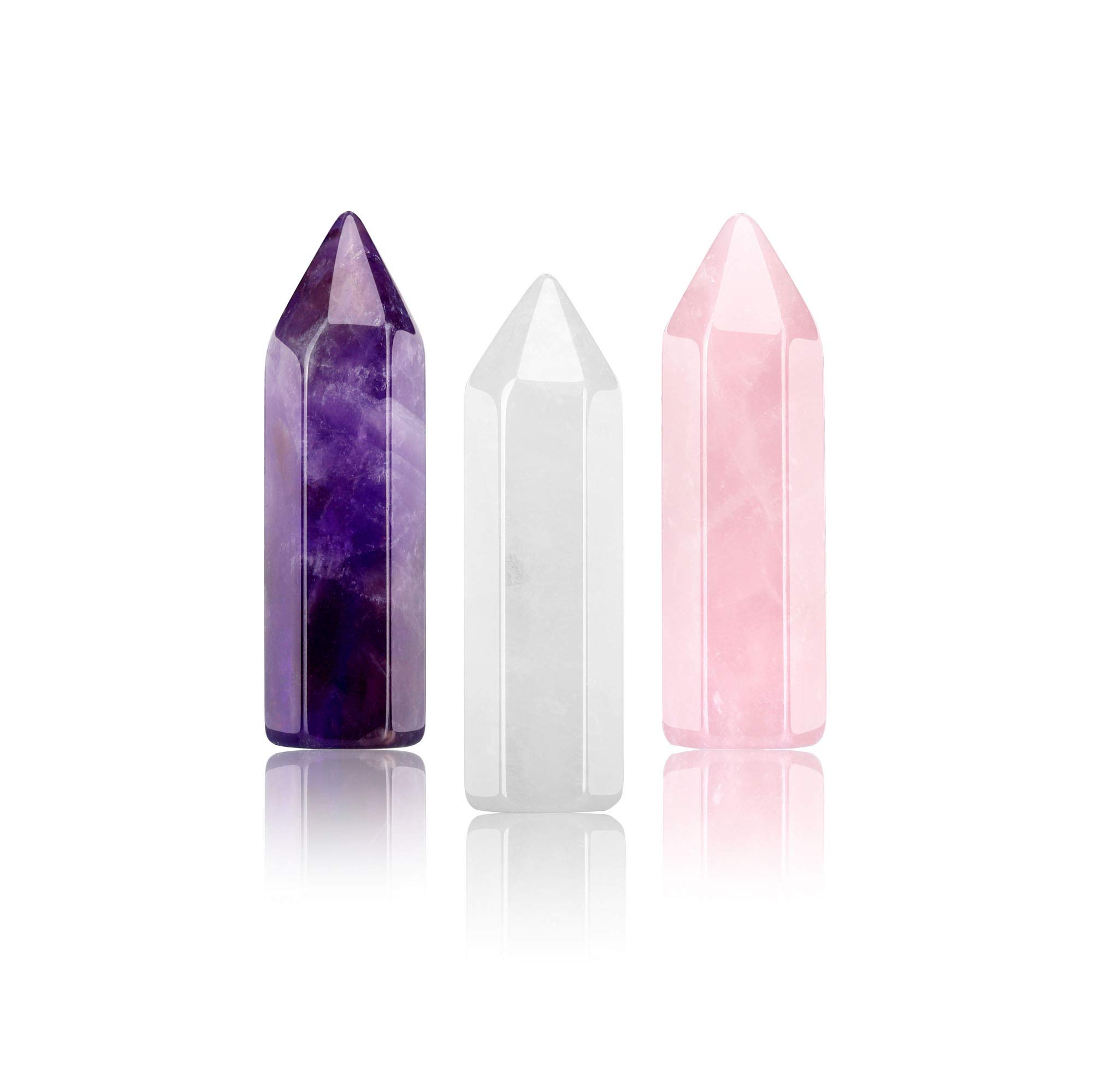 JSDDE Pack of 3 Healing Crystal Column Magic Wand Amethyst Rose Quartz Rock Crystal Polished Healing Crystal Rods Hexagon Natural Gemstones Reiki Meditation Therapy Decoration for Home Room Office