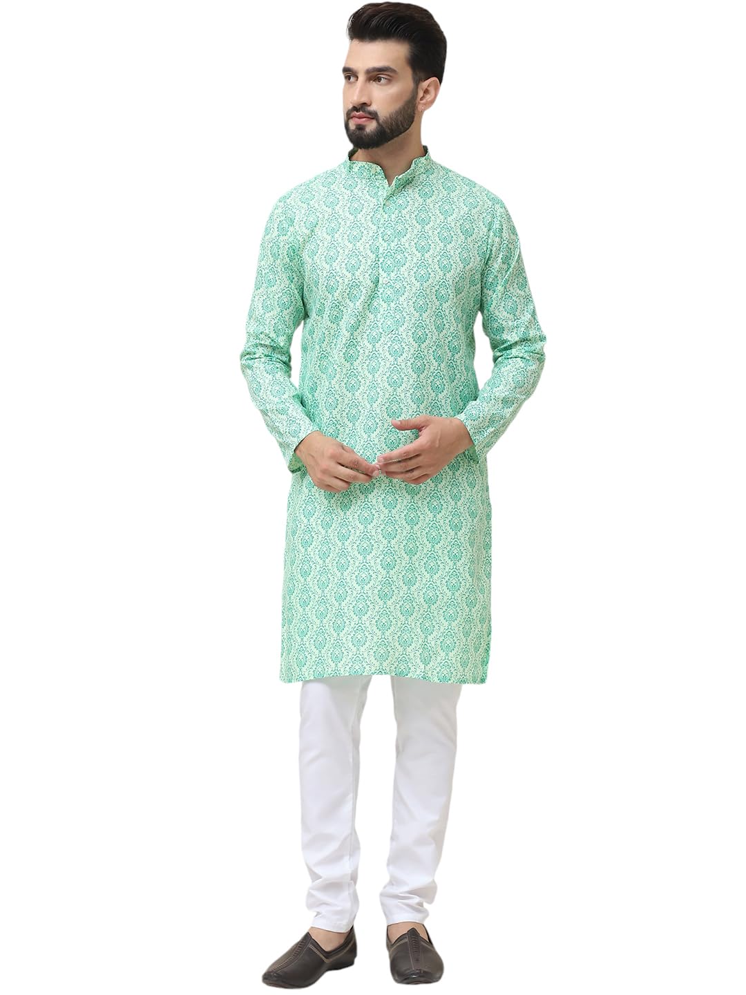 Sojanya (Since 1958 Men's Cotton Blend Pista Green Printed Kurta And White Churidar Pyjama Set