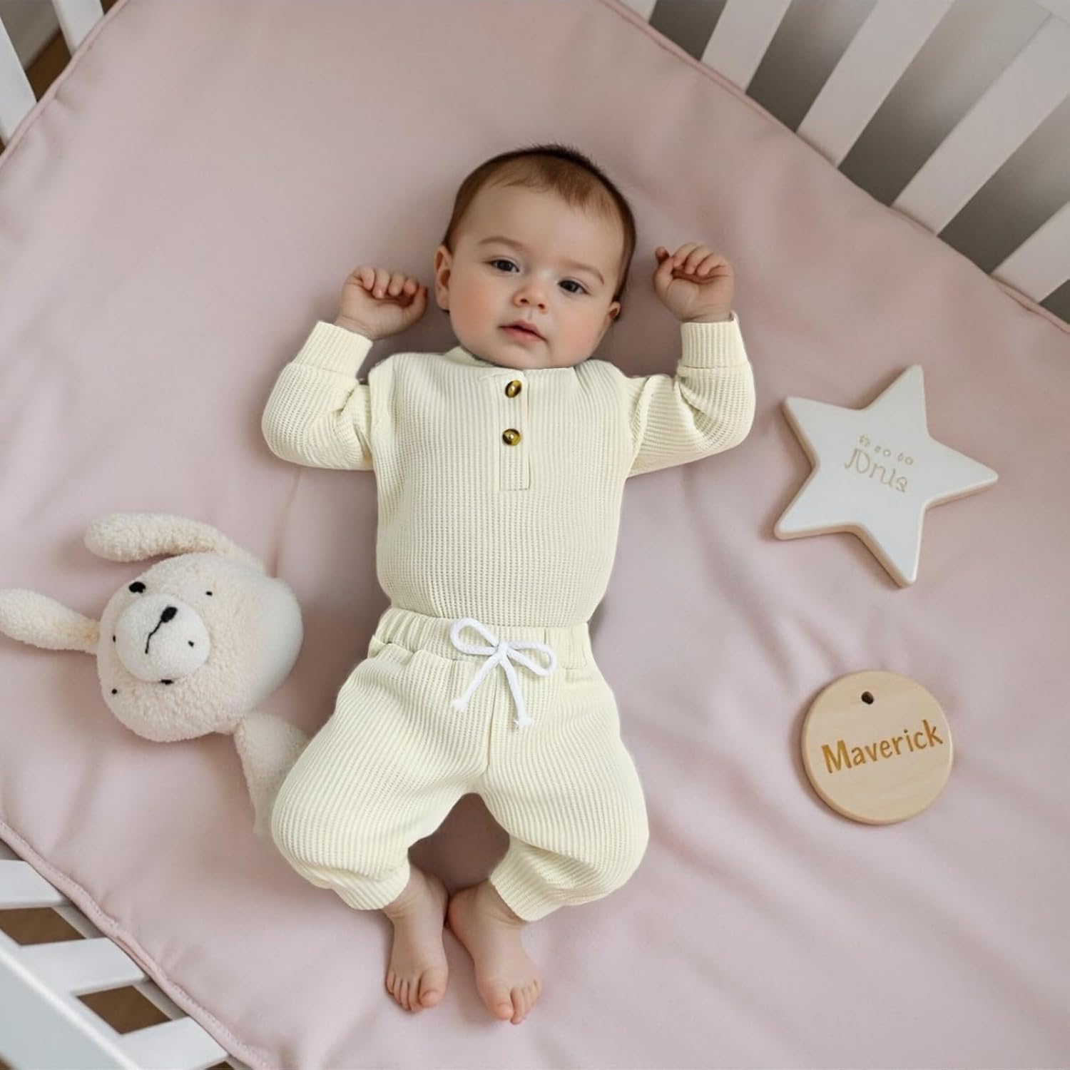 allshope Newborn Baby Boy Fall Outfit Romper Long Sleeve Solid Jumpsuit Bodysuit Elastic Waist Pants Infant Waffle Clothes - Image 6