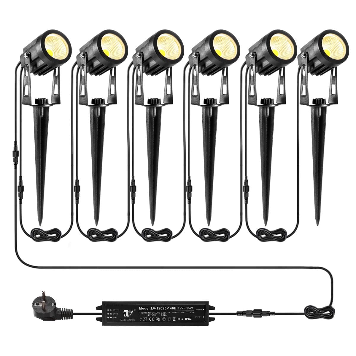 B-right oświetlenie ogrodowe 6 w 1, lampa ogrodowa z ostrzem do wbijania w ziemię, 1800 lumenów, wodoszczelność IP65, zestaw 6 reflektorów 3 W z kablem i wtyczką