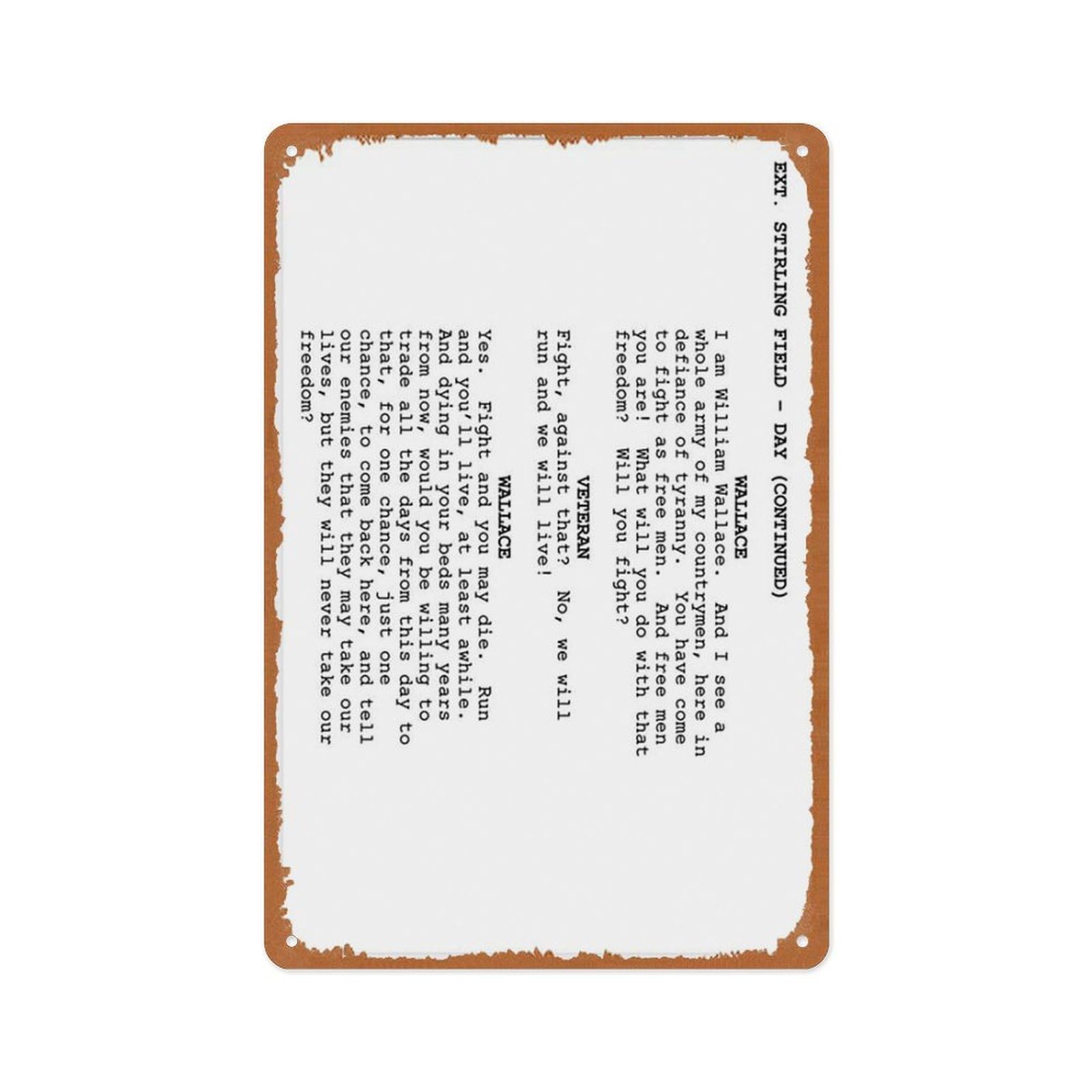 peiyeety Braveheart Freedom Speech Screenplay Vintage Tin Sign 8X12 Inches,Metal Sign Retro Art Wall Decor for Home Cafes Office Store Karaoke Pubs Club Sign Gift Plaque