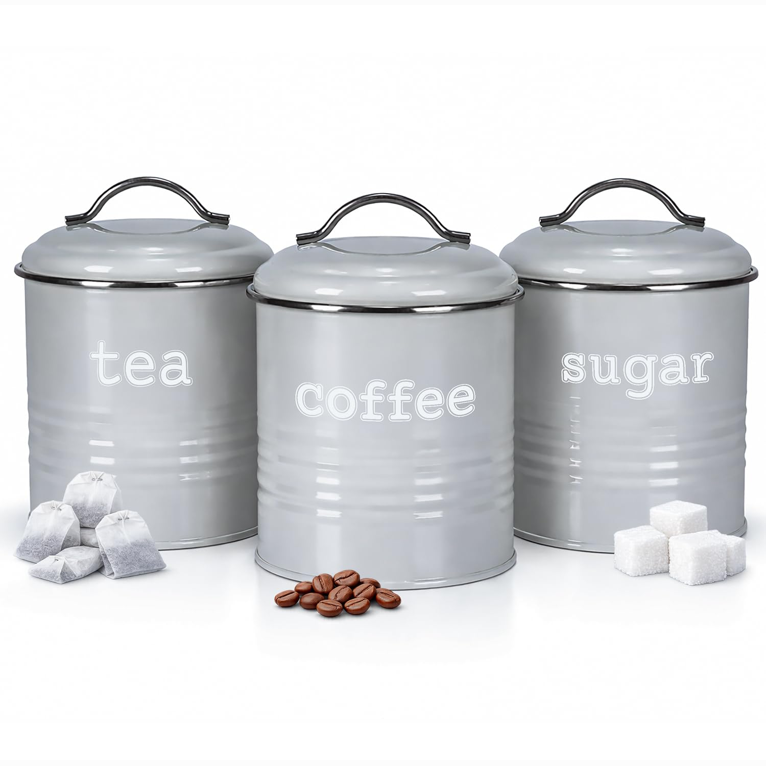 WINSOME Tea Coffee and Sugar Canisters Set | Lightweight Stackable Tea Coffee Sugar Canisters Grey With Airtight Lids | 3 Piece Canisters Sets with Minimal Design (Grey)